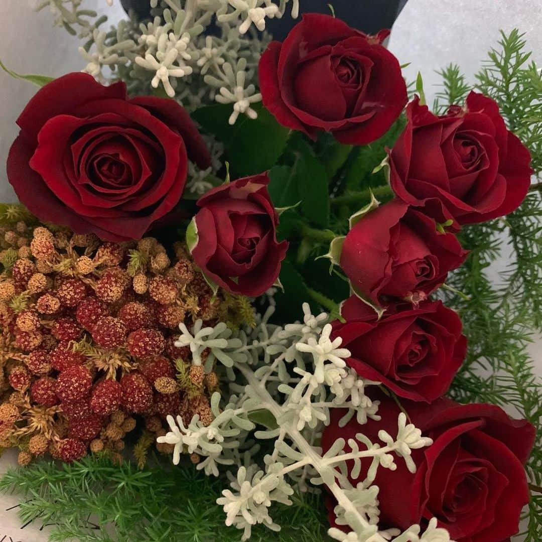 三戸セリカのインスタグラム：「いつもは選ばない薔薇を初めて自分で買って、クリスマスブーケ♥︎冬になると出会えるコチアが好き︎︎︎︎︎︎︎︎〜 #花のある暮らし」