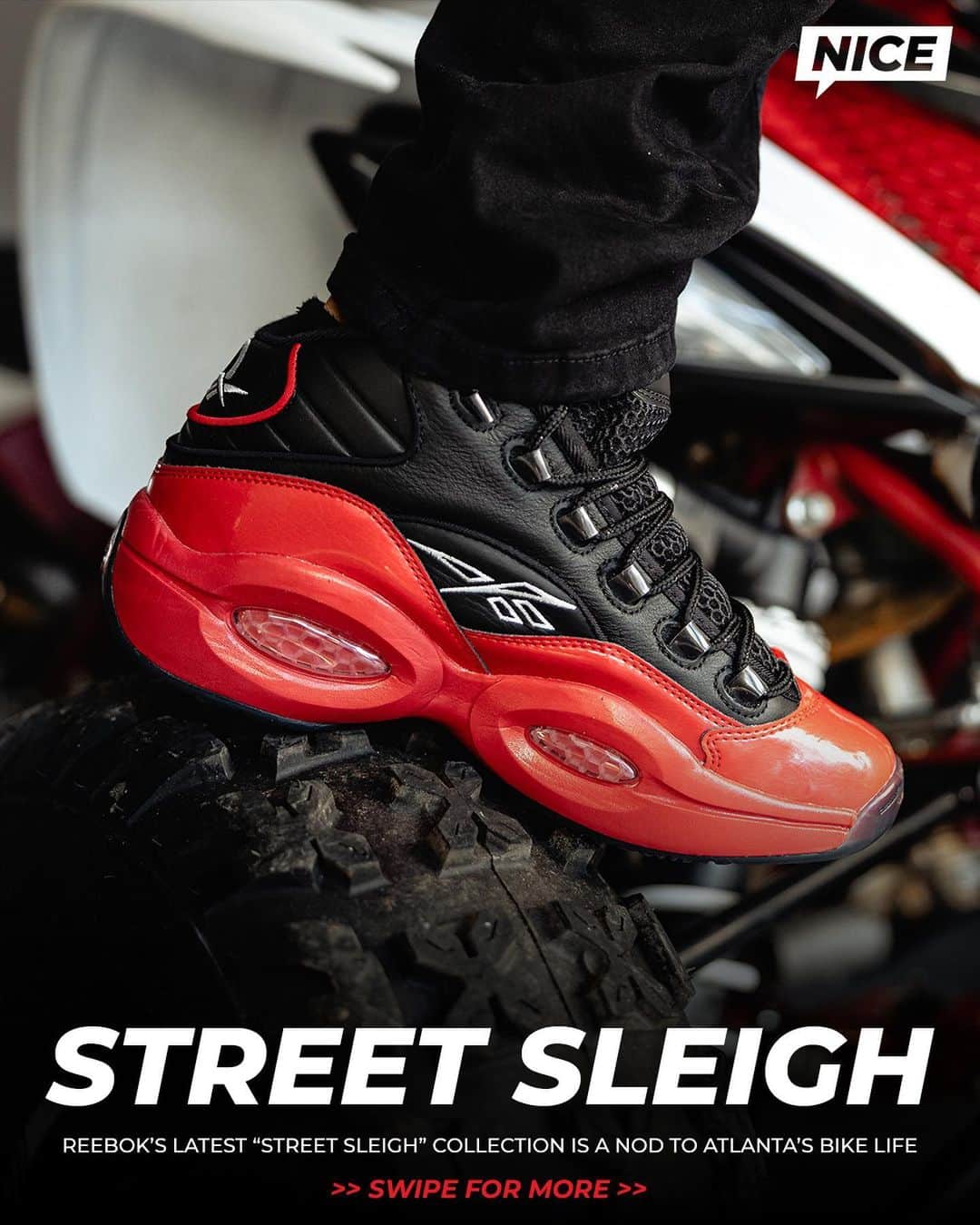Nice Kicksさんのインスタグラム写真 - (Nice KicksInstagram)「LINK IN BIO // Reebok unveiled its moto-inspired “Street Sleigh” collection today. ⛽️  In the early 2000s, Reebok and Iverson helped introduced motorsports to the streets with the racing-inspired Answer IV and I3 Apparel Range.  Today, bike life has become an important subculture in many cities and to celebrate this important subculture, Reebok has put together a footwear + apparel collection and photo series documenting riders from Atlanta and their thriving bike life city.」12月16日 3時44分 - nicekicks