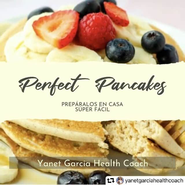 ヤネット・ガルシアのインスタグラム：「#repost @yanetgarciahealthcoach @nutritionschool  ・・・ Hot Cakes de PROTEINA 😍🥞 Súper sencillos de hacer!  Rinde para 5 Hot cakes   Ingredientes   - 4 Huevos  - 1 Plátano  - 1/2 cup de Proteína (Tu favorita )  - Puedes agregar un poco de avena  - Puedes agregarle un poco de canela   Solo mezcla los ingredientes y listo!! NO Necesitas agregarle agua o leche !   Ingredientes  EXTRAS  para ponerlo encima de tus hot cakes 😋  - 1 taza de frutos rojos  - 1 plátano en rebanadas  - Jarabe de maple orgánica  o al gusto   DISFRÚTALOS!!! 🥞😋」