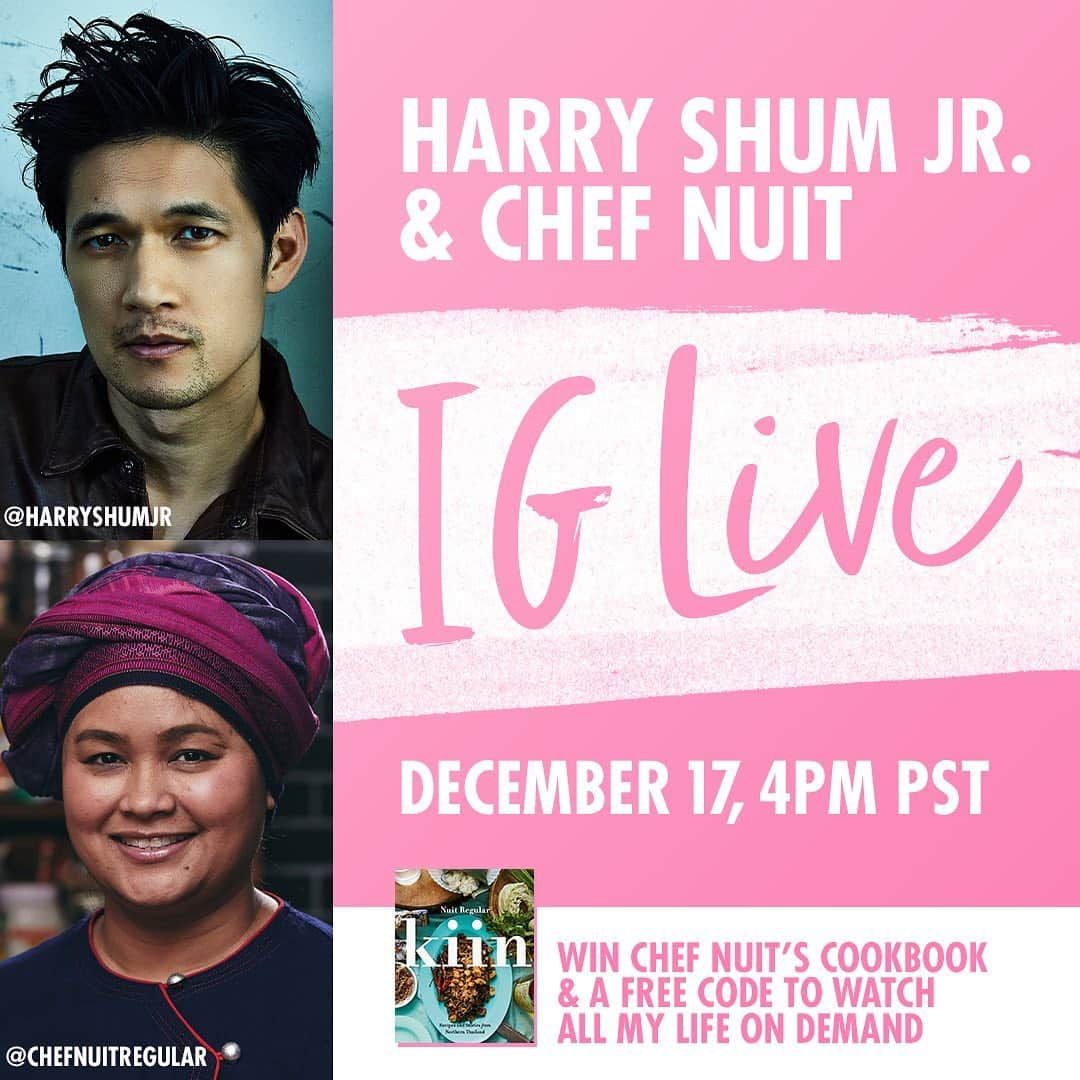 ハリー・シャム・ジュニアのインスタグラム：「More cooking classes!  I’m thrilled to announce that this Thursday, December 17 at 7:00 pm EST/4:00 pm PST, I'll be doing an Instagram Live virtual cooking with @chefnuitregular! Join us as we chat about @allmylifemovie, while @chefnuitregular shows me how to cook Pad Thai from her #KiinCookbook.  Thanks to @vudufans one lucky winner will win #AllMyLifeMovie on demand for FREE, which releases on PVOD on December 23rd. Also, Chef Nuit will be giving away a copy of Kiin.  Here's how to enter:  1. Like the post. 2. Follow @harryshumjr & @chefnuitregular 3. Tag a loved one who you'd love to watch All My Life with!  Deadline to enter is December 16, 2020 by 11:59 pm EST. Winner will be announced on December 17 during our IG Live event and contacted via DM.  When I was working in Toronto, I visited @chefnuitregular restaurant Kiin and never had Royal Thai cuisine before.  Her cooking broke my mouth (it’s a good thing “so good, it broke my mouth”) I sat down with her and got to know her story and her passion to share Thai cuisine with the world. Excited for this one! #allmylife #cookingathome #cooking #cookingwithlove #cookingclass #thaifood #thaifoodstagram #allmylifemovie   ——————————————-  Rules and Regulations:⁣ Contest open only to US residents, age 18 and up. Void where prohibited. No purchase necessary. Entry deadline December 16, 2020. This promotion is in no way sponsored, endorsed or administered by, or associated with, Instagram」