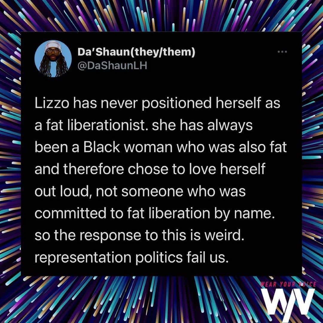 マット・マクゴリーのインスタグラム：「Repost from @wearyourvoice • This week Lizzo was the subject of largely anti-Fat online discourse surrounding her recent social media posts related to her *personal* feelings about her body and her decision to do a 10-day smoothie detox following a extended amount of time in which she consumed large amounts of alcohol and spicy foods.   WYV managing editor @dashaunlh penned this thread that really speaks to the ways in which the public + the fat community engages Lizzo, a celebrity, who has *never* articulated that she has a fat liberationist politic, publicly violently, based on the expectation that the way she moves + what she does with her body must be political.   In the thread, Da’Shaun (they/them) explicitly distinguishes the difference between “body positivity” “fat liberation” and “body neutrality.”   They also reference how the people’s projecting their desire for representation as it relates fat liberation politics onto Lizzo is harmful and results in her mammification.   In all, diet culture and anti-Fatness should absolutely be critiqued, but attempting to drag, or feel “failed by” Lizzo and any other celebrity who doesn’t perfectly embody a fat liberationist politic that we push onto them is unfair and is something folks must stop doing.」