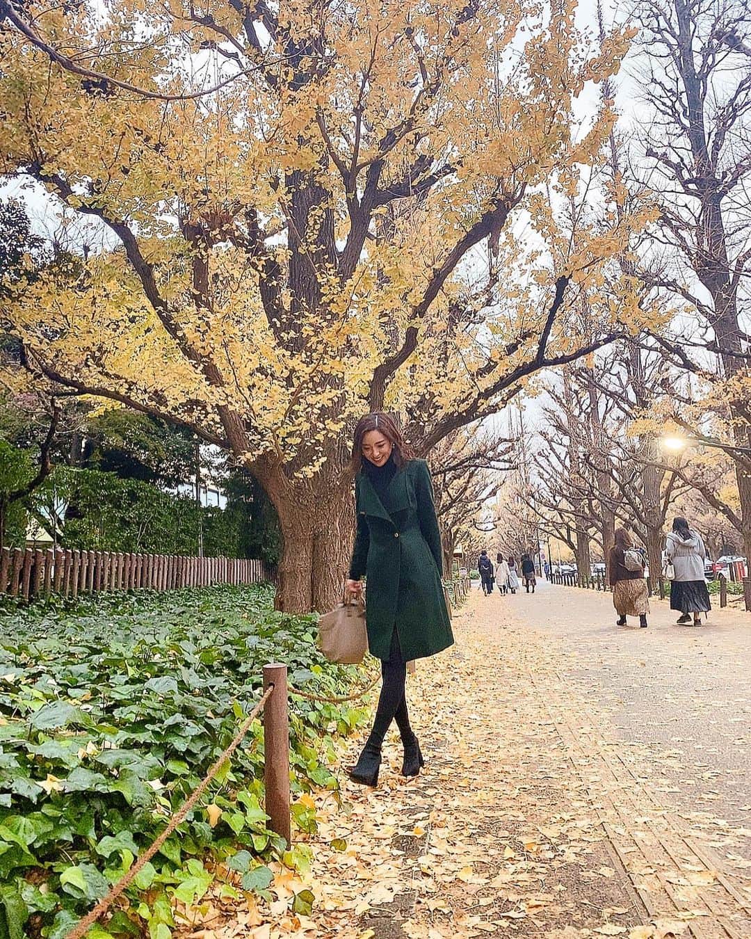 LISAのインスタグラム：「れーながいっぱい連写してくれた😂🍂💛﻿ 丸くなったねと言われるこの頃🐷 ただのスキップできない人🙋🏻‍♀️﻿#飛べない豚 帰ってきたら靴底いちょうだらけだった☺️﻿ ﻿ 動画の私にくっついてくる光なに？🥺﻿ 怖がるものではないのかな🥺﻿ #神宮外苑いちょう並木 #外苑前いちょう並木 #いちょう並木 #ヒールだからと言うことで」