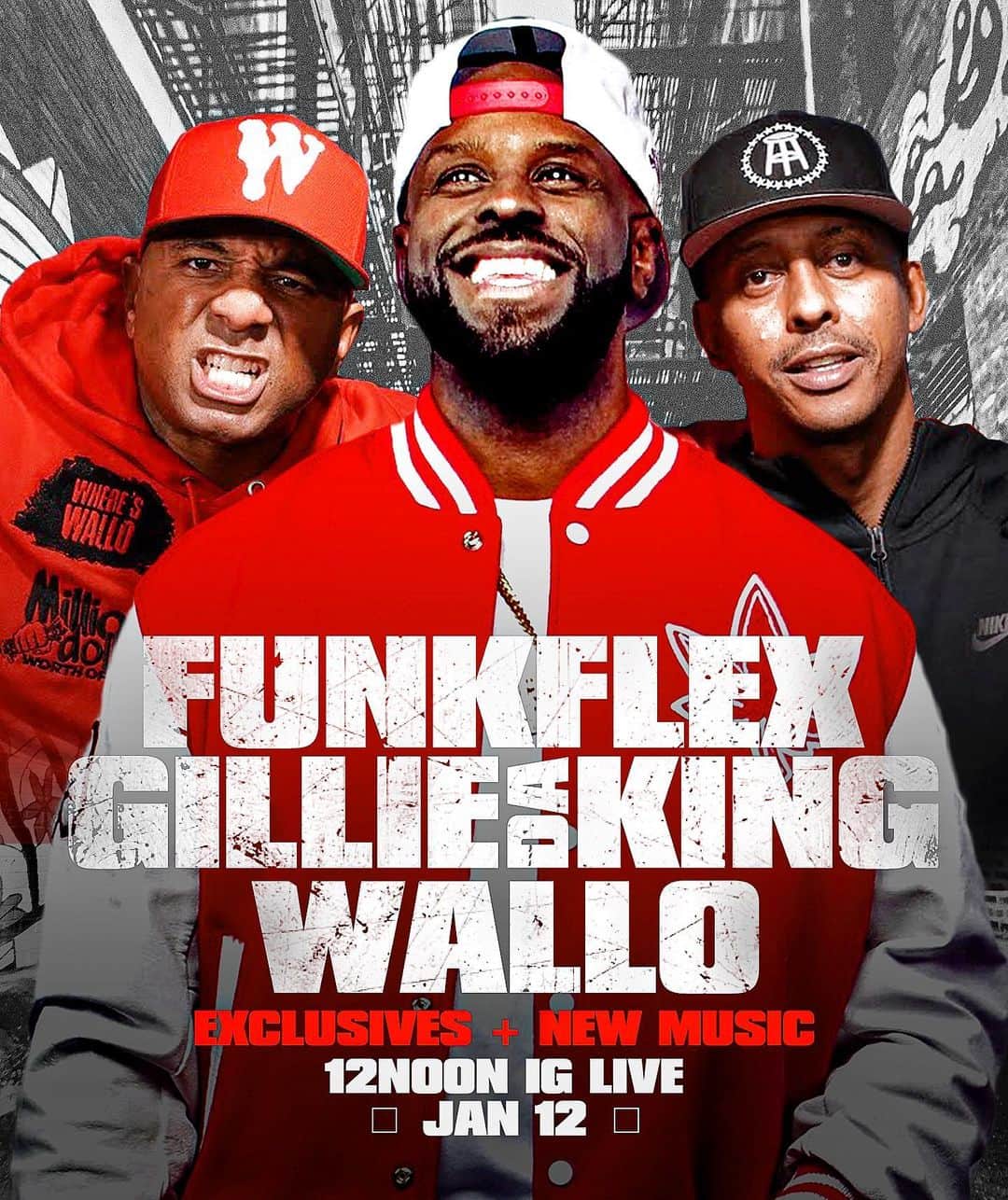 ファンクマスター・フレックスのインスタグラム：「MONDAY JAN12TH 12NOON IG LIVE! ONCE A MONTH! WE PLAYING EXCLUSIVES AND NEW MUSIC FROM NEW ARTIST! @funkflex x @gillie_da_king x @wallo267 CRAZY!!!!!!!  MEAN!!!!! RIGHT!!!!!  WHOS A NEW ARTIST WITH NEW MUSIC? @ US RIGHT NOW!」