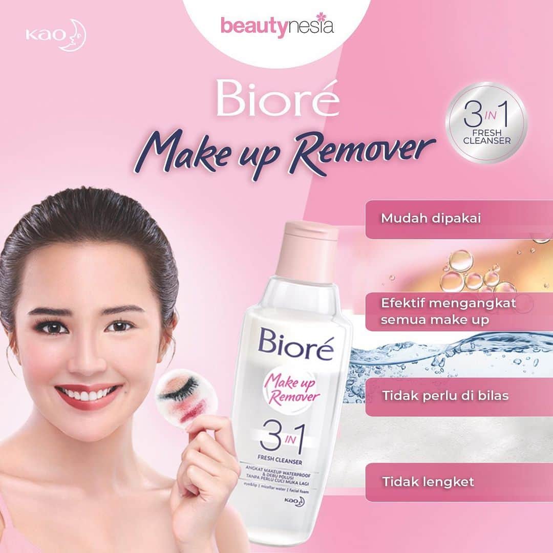 のインスタグラム：「Jadi cewek tuh ribet deh beautynesian! Harus punya micellar water, facial foam, eye make up remover dan masih banyak lagi. Tapi tenang aja beautynesian, hari ini adalah hari terakhir kamu untuk jadi cewek ribet! Karena Beautynesia mau rekomendasiin Biore 3 in 1! 3 manfaat produk tergabung di dalam 1 cleanser. Make up remover ini bener-bener ampuh banget untuk mengangkat semua residu make up bahkan debu dan polusi yang menempel. Selain itu, cleanser ini tidak lengket di kulit bahkan gak perlu di bilas. Bener-bener simpel kan Beautynesian? Yuk yang gak mau lagi jadi cewek ribet, bisa langsung cobain ya Biore 3 in 1 Make up remover! @id.biore #magicallyclean」