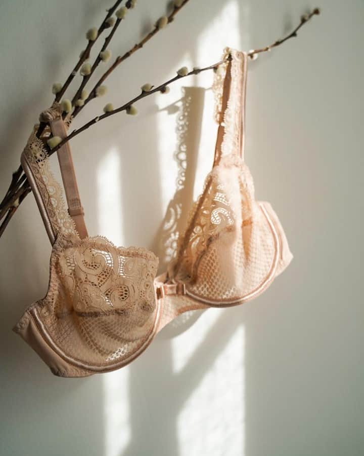レジャビーのインスタグラム：「Quand la lumière se porte à même la peau — rise & shine #gaby #maisonlejaby #lingerie #dentelle #lace #raffinement #confort #details #lumière #shine」