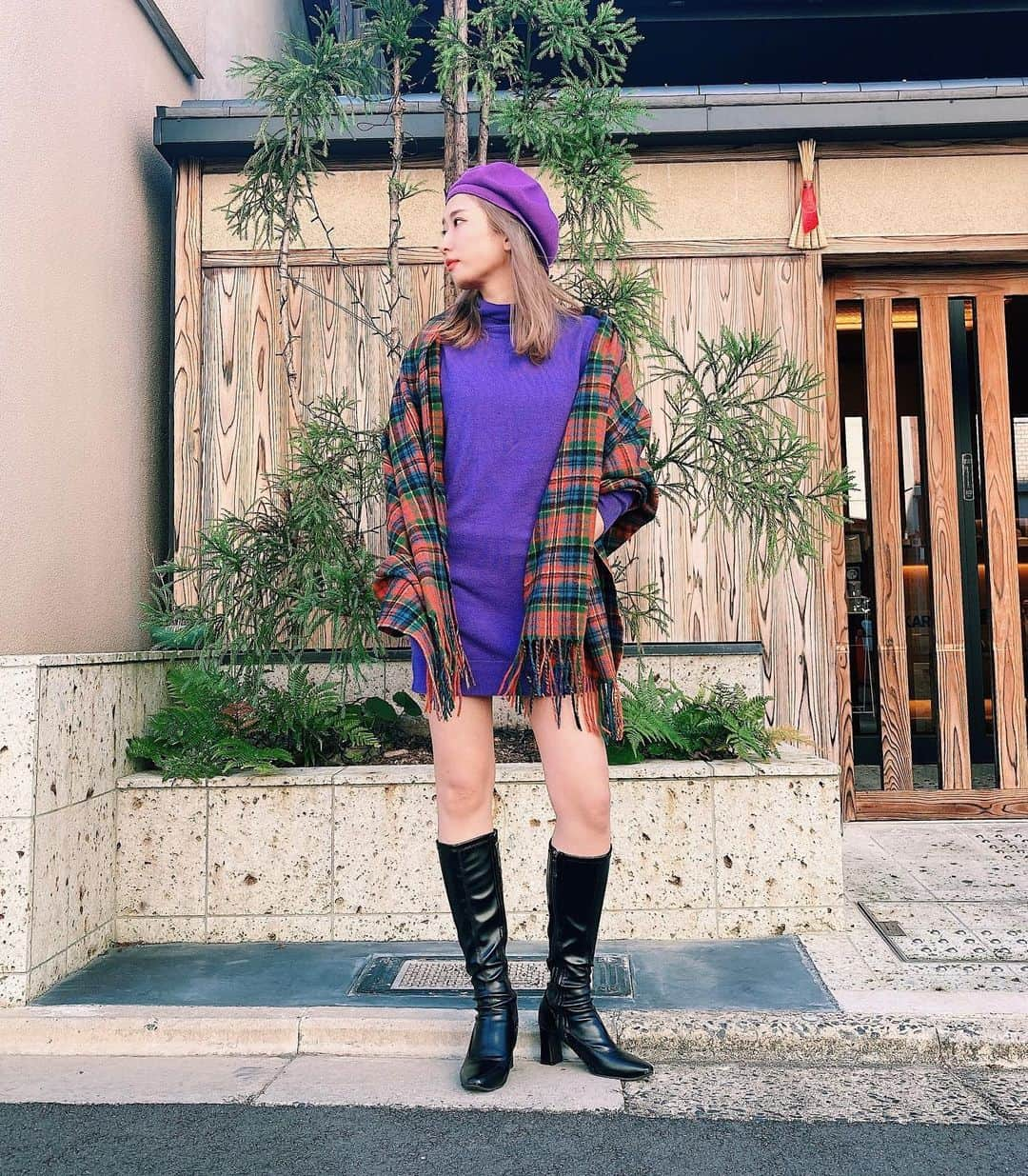 harubo515のインスタグラム：「💜🧡💜🧡💜 京都到着時は紫女🕺🏼#何回着替えるねん #sly#spinns#kangol#mmhrstyle#usedmix#koreanfashion#stylehint#wear更新」