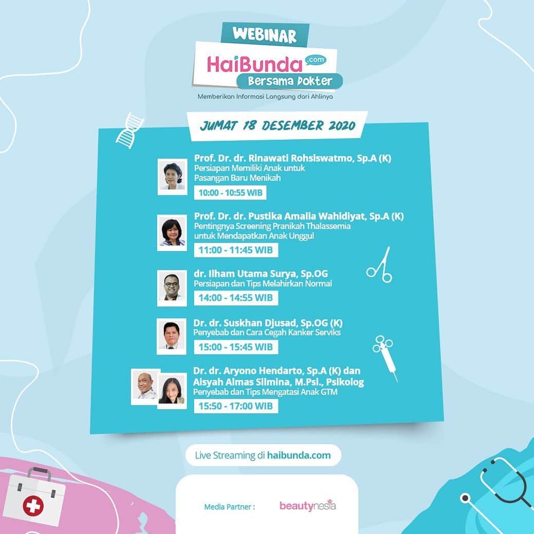 のインスタグラム：「Beautynesian! Bulan Desember ini @haibundacom kedatangan dokter-dokter ahli, nih. ⁣ ⁣ Buat Bunda ataupun Calon Bunda yang membutuhkan konsultasi seputar persiapan nikah, masa kehamilan, program anak, maupun parenting anak, yuk tanya langsung di “Webinar Haibunda bersama Dokter.”⁣ ⁣ Akan ada banyak dokter berpengalaman lho. Diantaranya:⁣ ⁣ • Dr. dr. Rinawati Rohsiswatmo, Sp.A (K) Spesialis Anak - Konsultan Perinatologi (Bayi) ⁣ • Prof. Dr. dr. Pustika Amalia Wahidiyat, Sp.A (K) Spesialis Anak - Konsultan Hematologi Anak⁣ • dr. Ilham Utama Surya, Sp. Og Spesialis Obgin - Kebidanan dan Kandungan⁣ • Dr. dr. Suskhan Djusad, Sp. Og (K) Spesialis Obgin - Kebidanan dan Kandungan⁣ • Dr. dr. Aryono Hendarto, Dr. Sp.A(K) Spesialis Anak - Konsultan Nutrisi Anak dan Aisyah Almas Silmina, M .Psi Psikolog Klinis Anak⁣ ⁣ Pastinya bakal bermanfaat banget Bun! Jadi jangan sampai ketinggalan ya. Ikuti Webinar Haibunda bersama Dokter pada hari Jumat, 18 Desember 2020. Eksklusif live streaming hanya di www.haibunda.com」