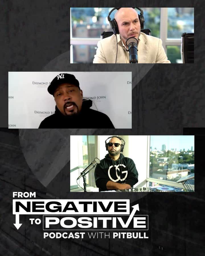 ピットブルのインスタグラム：「If opportunity doesn’t knock, build a door. It was great to have king of entrepreneurs and the Shark, @thesharkdaymond, on the new podcast “From Negative to Positive”. Listen to the rest of his Kardashian and @sharktankabc story and more on @applepodcasts, @spotify, @podcastone, and @amazonmusic now. 👂🏼mr305.ffm.to/podcast Dale! #fromnegativetopositive #podcast」
