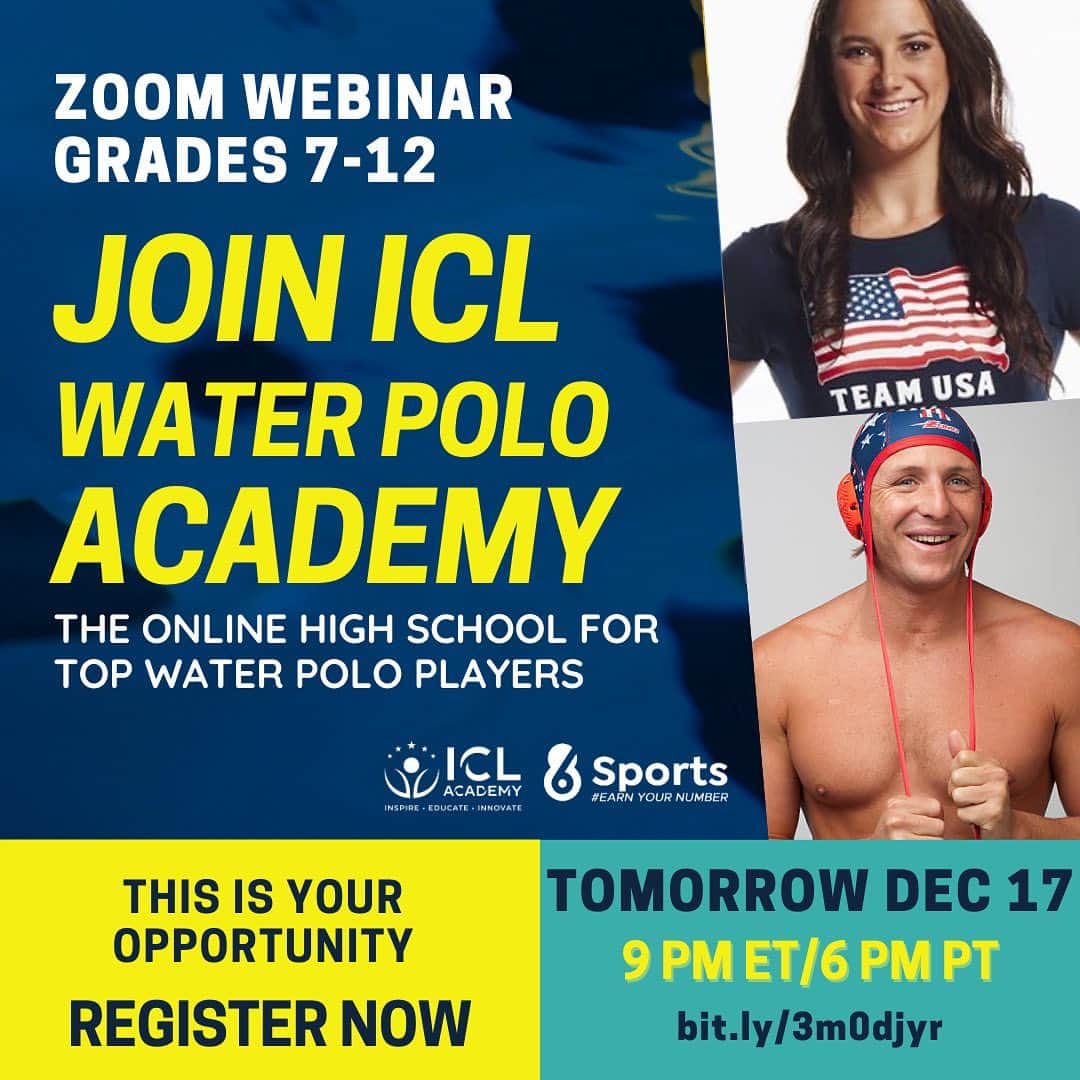 トニー・アゼベドのインスタグラム：「Tomorrow join Maggie Steffens and myself on a special webinar to explain our partnership with @icl_academy  ⁣ Maggie and I will talk about our own experiences balancing demanding academics with water polo and how ICL is the ideal online school for our future water polo stars.⁣ ⁣ Tomorrow Dec 17 at 6pm pst. Register at bit.ly link in bio!」