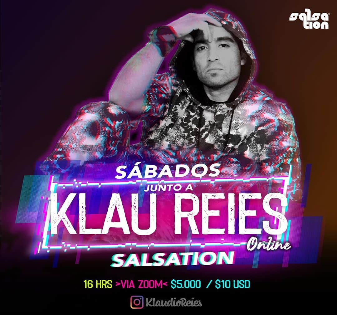 クラウディオ・リースのインスタグラム：「Quién se anima a un sábado con Master Trainer @klaudioreies ???  Valor clase $5.000- 🇨🇱  $10 USD internacional   Todo lo nuevo estará presente este sábado con un increíble PLAYLIST de  música Salsation®️  Sólo por ZOOM 👈🏻  Te veo !!!   PD: Clase quedará guardada en la nube ☁️ para que puedas vivirla por 1 semana completa a la hora que quieras.   I return with my classes on Saturday afternoon, if you want to participate just send me a DM !! This class is recorded and you can take it as many times as you want !! I wait for you ☺️  Nos vemos !! 👋   #klaudioreies #claseOnline #virtualclass #chile #salsation」