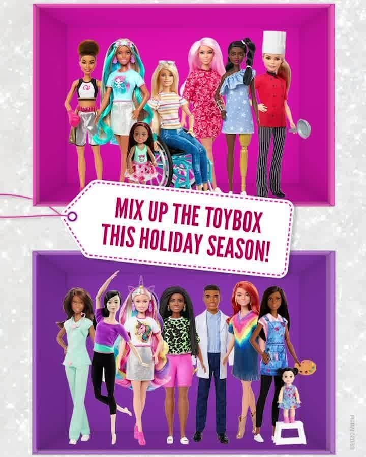 バービーのインスタグラム：「Imagination is powerful. 💝 That’s why it’s important for kids to see more possibilities in the stories they act out, and in the toys they play with. This holiday season, give the gift of representation when you #MixUpTheToybox with #Barbie.」
