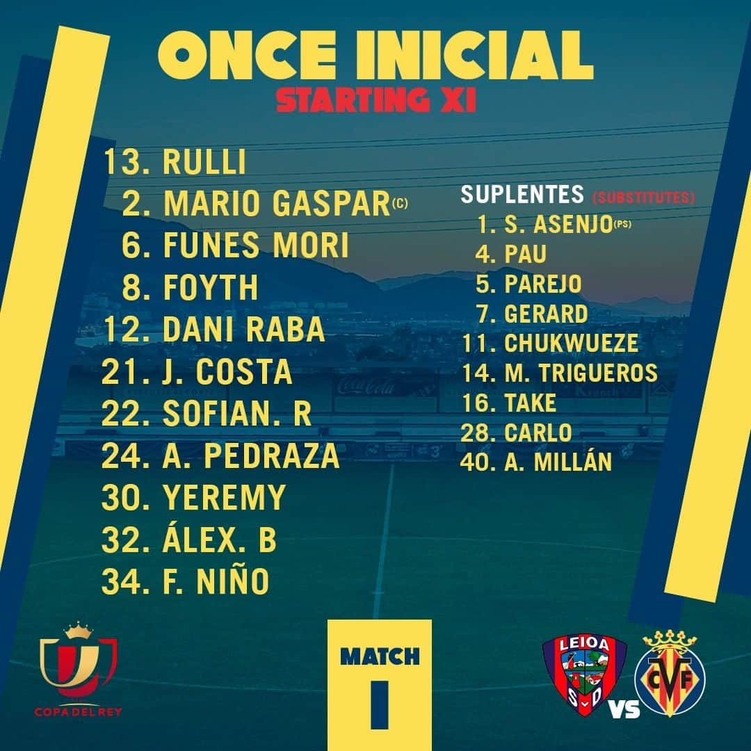 ビジャレアルCFのインスタグラム：「¡Nuestro once para el debut groguet en la #CopaDelRey! . ¡Desde las 21.00h, @sdleioa_oficial 🆚 #Villarreal (Estadio de Sarriena)! .  The starting XI for our first appearance in the #CopaDelRey this season! . At 9pm CET, @sdleioa_oficial 🆚 #Villarreal (Sarriena)! .  #futbol #football #soccer」