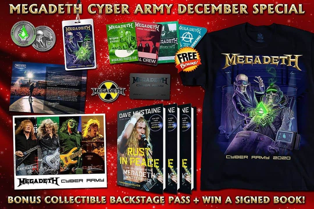 Megadethのインスタグラム：「DECEMBER SPECIAL! Renew or sign up for a Megadeth Cyber Army PREMIUM Membership Dec 16-30, you’ll get a bonus collectible backstage pass with your kit AND be entered to win one of three signed copies of Dave Mustaine’s new book 'RUST IN PEACE'! Winners announced New Years Eve! megadeth.com/cyberarmy (link in bio)」