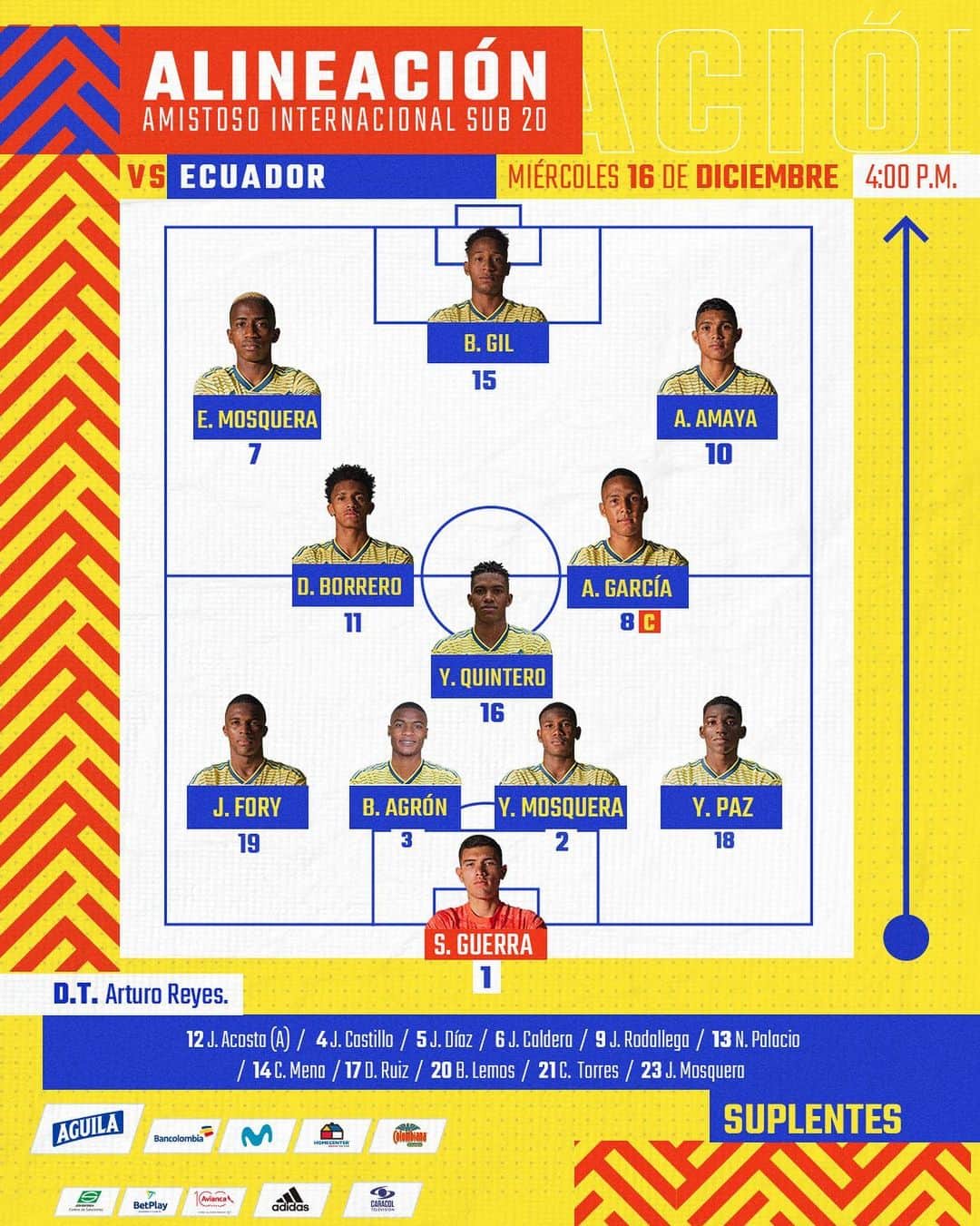 サッカー コロンビア代表チームのインスタグラム：「🚨 ¡ATENCIÓN! Esta es la titular de nuestra Selección Masculina Sub 20 para enfrentar a Ecuador  ¡Vamos muchachos!  #VamosColombia 🇨🇴 #ECUCOL」