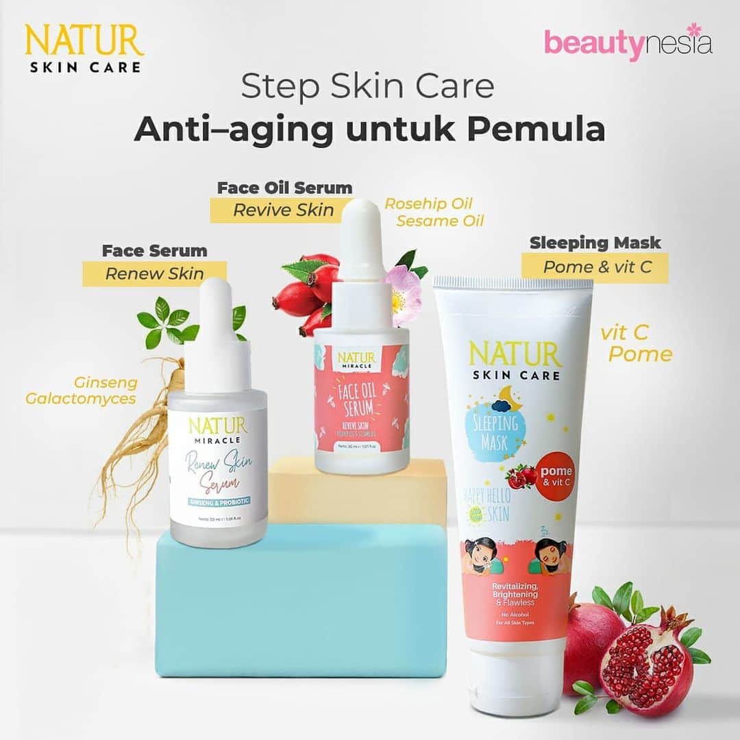 のインスタグラム：「Siapa disini yang udah menginjak usia 20 tapi belum pernah pakai rangkaian product anti aging? ⁣Guys, Anti Aging dari umur 20th penting banget!  malah bisa dikatakan wajib, apalagi kalo kamu yang hari tua-nya nanti gamau ribet dan susah banget buat mengencangkan kulit. ⁣ ⁣ Mending kita rawat dari sekarang dengan rangakaian anti aging dari @naturbeautyid karena semua ingredientsnya memiliki anti oksidan yang tinggi dan sangat hydrating. Mereka juga bisa bantu benerin tekstur dan warna kulit biar lebih merata. Kulit lebih kencang tapi tetep plumpy! So, Apply now, age later ~ ⁣ #NaturBringsBeauty」