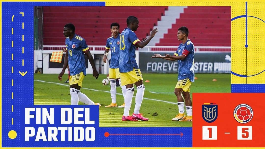 サッカー コロンビア代表チームのインスタグラム：「Fin del partido. Triunfo de nuestra Selección Colombia Masculina Sub 20.   🇪🇨 1- 5 🇨🇴  ⚽️ 3' Dylan Borrero ⚽️ 5' Edwin Mosquera ⚽️ 20' Andrés Amaya ⚽️ 72' Dylan Borrero ⚽️ 90+4' Johan Rodallega   #ECUCOL #VamosColombia」