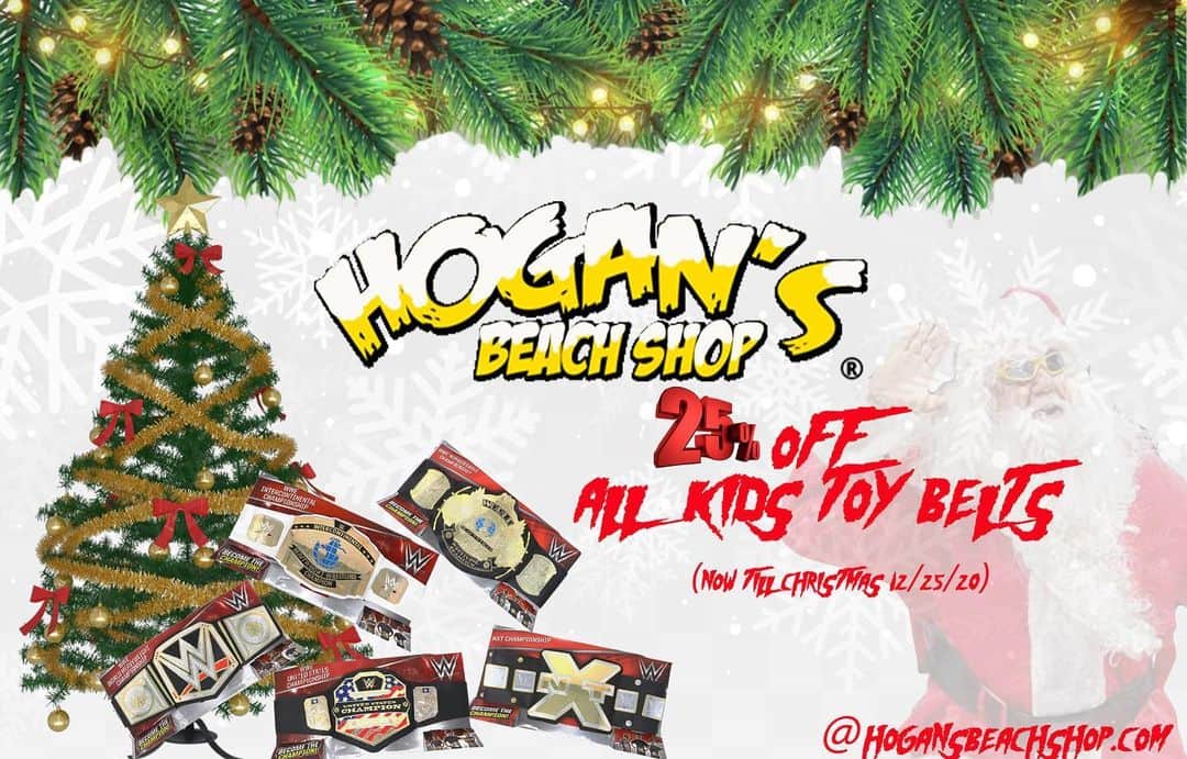 ハルク・ホーガンのインスタグラム：「•Christmas is almost here & the Sales are still running Strong, this week we have all the Kids Toy belts 25% off all the way until Christmas 🎄 Make your kid  a champion this Christmas 🎁 💪 (Link is in our bio) #hulkhogan #hogansbeachshop #wwe #clearwaterbeach #christmas https://hogansbeachshop.com/search?type=product&q=Toy+belt」