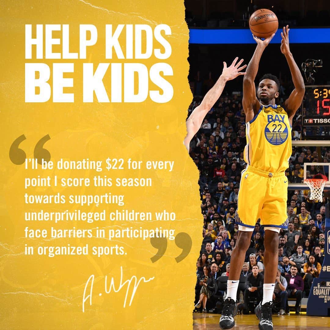 アンドリュー・ウィギンスのインスタグラム：「I’m proud to announce for the third year straight, I’ll be donating $22 for every point I score. The proceeds will go towards supporting underprivileged youth who face barriers while participating in organized sports!」