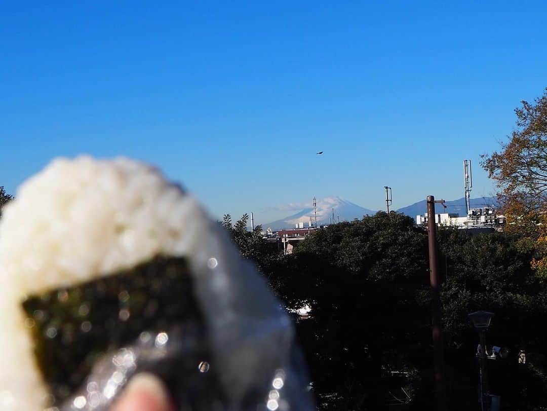 のインスタグラム：「気温3℃の中、富士山見ながらのおにぎり。 寒すぎだけど、最高でした。 シュールな朝ごはん。  #気象予報士 #富士山 #富士山が見える場所 #おにぎりモーニング #冬晴れの富士山は最高です #おにぎりを持つ手は凍りそう #こんなことしている人いない #これもいちおお仕事の一環 #仕事の前に早起きして来た #いい仕事をするために妥協はしない #スマホとネットの中で完結する人生はつまらない」