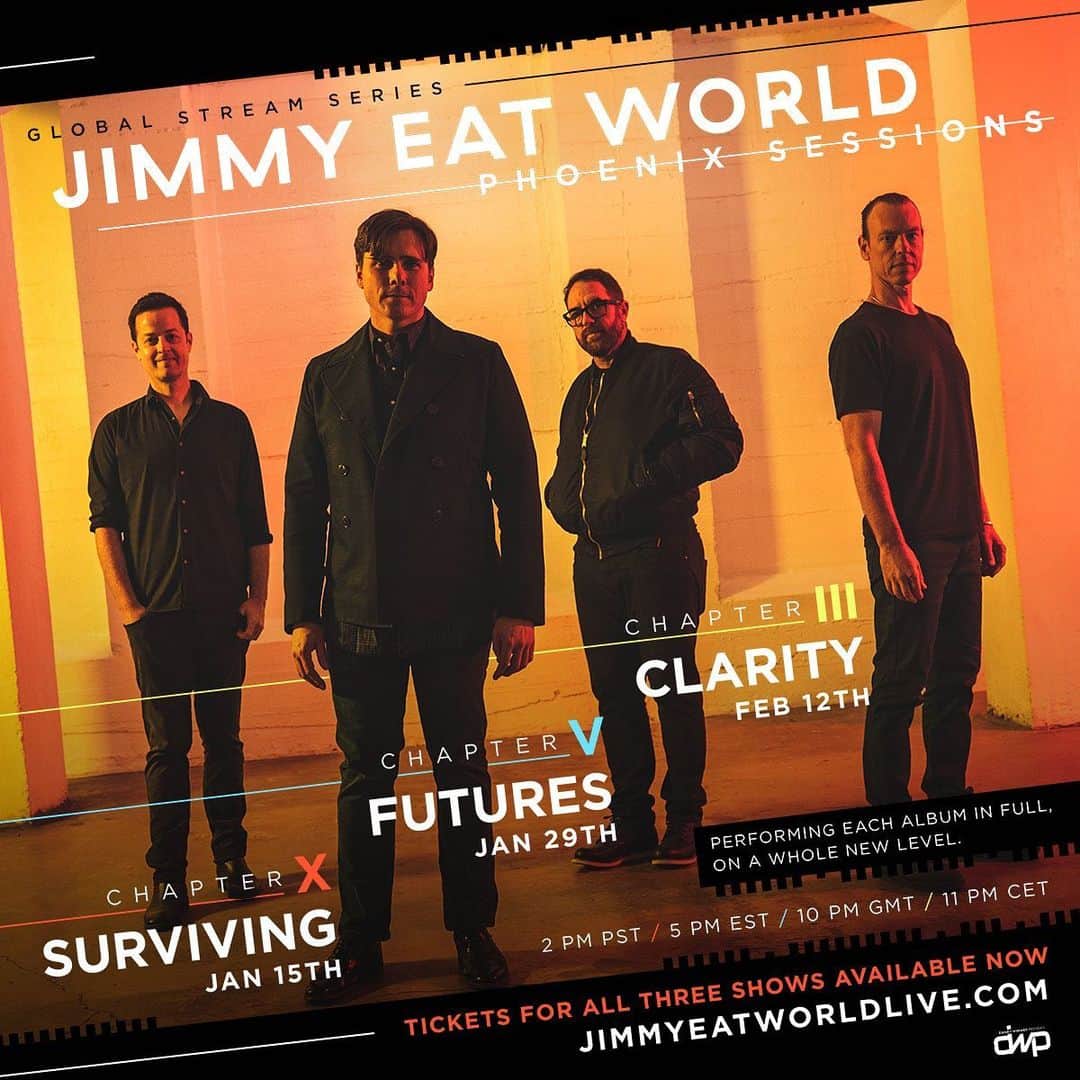 Jimmy Eat Worldのインスタグラム：「In case you missed the news, we've got three unique performances coming your way! Each performance will visit a different chapter from our history as a band. Tickets are on sale now at link in bio.   January 15 – Chapter X – Surviving January 29 – Chapter V – Futures February 12 – Chapter III – Clarity」