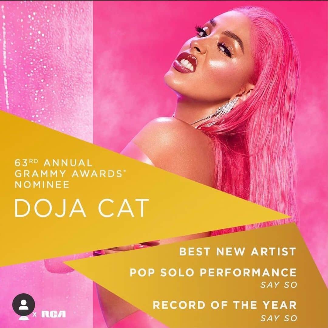 のインスタグラム：「Doja Cat 第63回グラミー賞授賞式ノミネートされたアーティストを一部ご紹介  🏆授賞式は2月1日🏆      2020年ナンバーワン・バズクイーン！ Doja Catはで3部門にノミネート👏  ✨Best New Artist ✨Pop Solo Performance “Say So”  ✨Record of the Year “Say So”  #ドージャキャット #dojacat #グラミー賞 #grammys #洋楽   @dojacat」