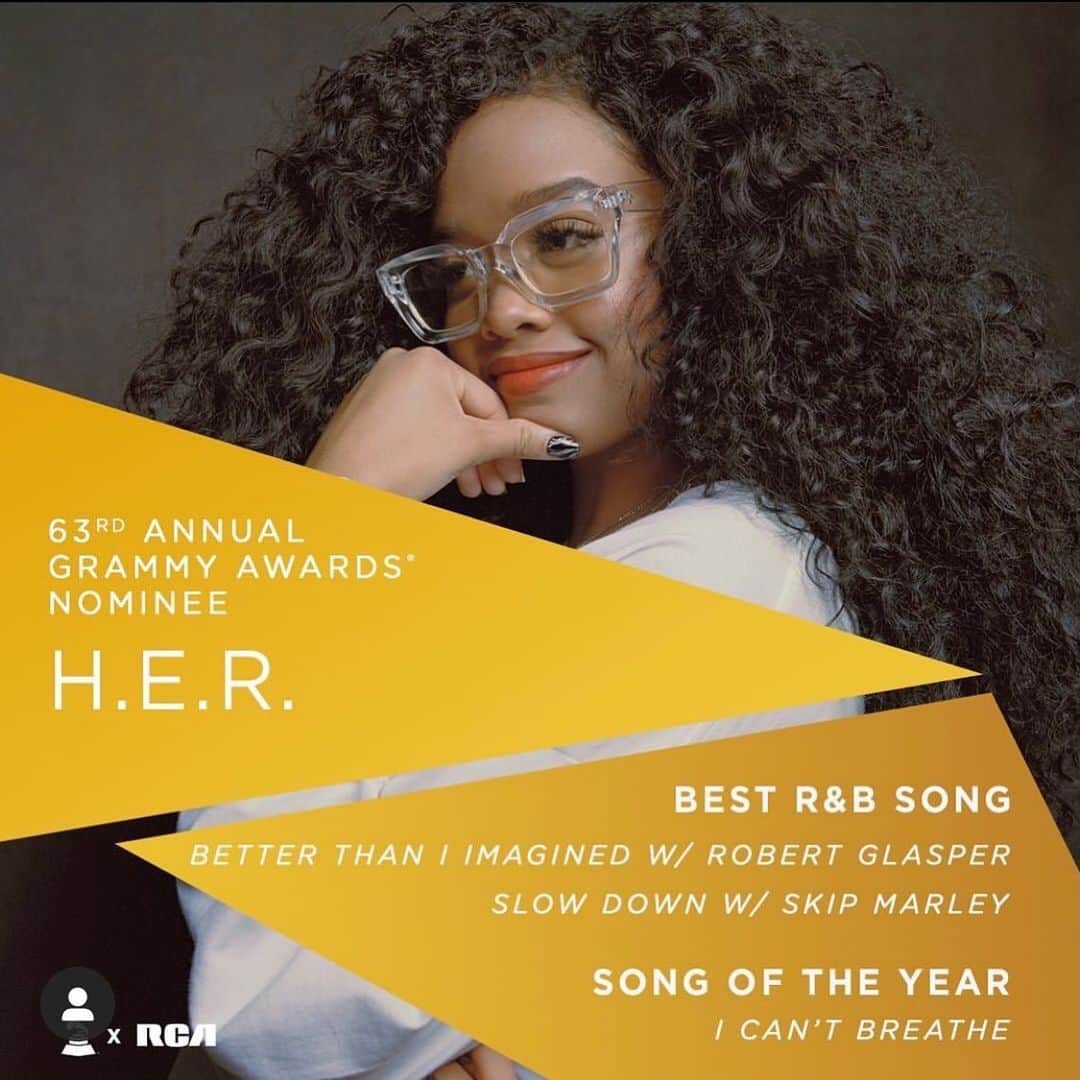 のインスタグラム：「H.E.R. 第63回グラミー賞授賞式ノミネートされたアーティストを一部ご紹介  🏆授賞式は2月1日🏆      新鋭R&Bシンガー＝H.E.R.は2部門でノミネート👏  ✨Best R&B Song ”Better Than I Imagined w/Robert Glasper” “Slow Down w/ Skip Marley” ✨Song of the Year “I Can’t Breathe”    #ハー #her #グラミー賞 #grammys #洋楽   @hermusicofficial」