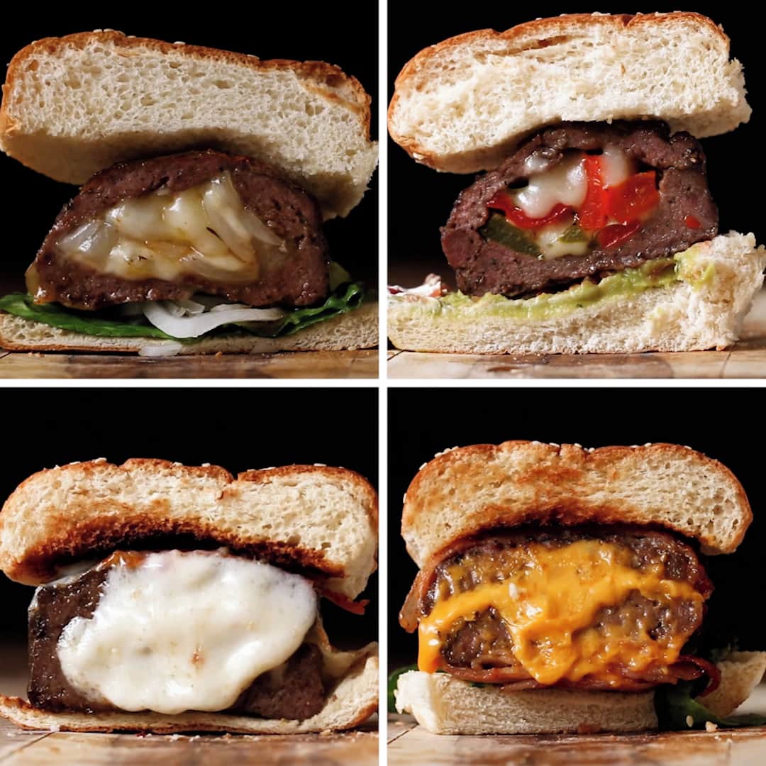 Tasty Japanさんのインスタグラム写真 - (Tasty JapanInstagram)「チーズが溢れて止まらない！🧀チーズバーガー４種🍔 / Stuffed Cheeseburger 4 Ways ㅤㅤㅤㅤㅤㅤㅤㅤㅤㅤㅤㅤㅤ⁣ 作ったら #tastyjapan をつけて投稿してくださいね！  ㅤㅤㅤㅤㅤㅤㅤㅤㅤㅤㅤㅤㅤㅤㅤㅤㅤㅤㅤㅤㅤㅤㅤㅤㅤㅤ⁣ レシピはこちらをご覧ください♪⁣ ㅤㅤㅤㅤㅤㅤㅤㅤㅤㅤㅤㅤㅤ⁣ ■バーベキューベーコン・チーズバーガー⁣ 1人分⁣ 材料:⁣ 牛ひき肉　340g⁣ ガーリックパウダー　大さじ1/2⁣ 乾燥パセリ　大さじ1/2⁣ 塩　大さじ1/2⁣ コショウ　大さじ1/2⁣ パプリカパウダー　大さじ1/2⁣ バーベキューソース　大さじ1⁣ ベーコン　6枚⁣ チェダーチーズ（ピザ用）　大さじ3⁣ バーガー用バンズ（バーターを塗ってトーストしておく）　1個⁣ レタス　1枚⁣ トマト　1スライス⁣ ㅤㅤㅤㅤㅤㅤㅤㅤㅤㅤㅤㅤㅤ⁣ 作り方：⁣ 1. オーブンを220°Cに予熱しておく。⁣ 2. ボウルに牛ひき肉、ガーリックパウダー、パセリ、塩、コショウ、パプリカパウダーを入れ、よく捏ねる。⁣ 3. ココットの内側にバーベキューソースを刷毛で塗り、ベーコンを等間隔でらせん状に敷き詰める。ココットからはみ出るベーコンの長さはそれぞれ同じにする。⁣ 4. (2)を半量だけ(3)のベーコンの上にのせて押し込む。真ん中にくぼみを空けておく。⁣ 5. くぼみにチェダーチーズを入れ、(2)の残り半量をのせて平らになるよう押し込む。ココットからはみ出ているベーコンを上部にかぶせ、バーベキューソースを塗る。⁣ 6. ココットを天板にのせ、オーブンで25分焼く。ベーコンに焼き色がついたら、取り出す。⁣ 7. お皿に下のバーガー用バンズをおき、レタス、トマト、(6)のパティをのせる。上のバンズをかぶせたら、完成！⁣  ㅤㅤㅤㅤㅤㅤㅤㅤㅤㅤㅤㅤㅤ⁣ ■ペパロニピザ風バーガー⁣ 1人分⁣ 材料：⁣ 牛ひき肉　340g⁣ ガーリックパウダー　大さじ1/2⁣ オニオンパウダー　大さじ1/2⁣ 乾燥バジル　大さじ1/2⁣ 乾燥ローズマリー　大さじ1/2⁣ 乾燥タイム　大さじ1/2⁣ 赤玉ねぎ（みじん切り）　大さじ1⁣ モッツアレラチーズ（ピザ用）　大さじ3⁣ ペパロニ　4枚⁣ バーガー用バンズ（バーターを塗ってトーストしておく）　1個⁣  ㅤㅤㅤㅤㅤㅤㅤㅤㅤㅤㅤㅤㅤㅤㅤㅤㅤㅤㅤㅤㅤㅤㅤㅤㅤㅤ ㅤㅤㅤㅤㅤㅤㅤㅤㅤㅤㅤㅤㅤ⁣ ⁣ ㅤㅤㅤㅤㅤㅤㅤㅤㅤㅤㅤㅤㅤㅤㅤㅤㅤㅤㅤㅤㅤㅤㅤㅤㅤㅤ⁣ #料理 #手料理 #レシピ #料理動画 #クッキング #美味しい #tastyjapan #buzzfeed #cooking #tasty #japan #food #バズりスイーツ #バズりごはん」12月17日 17時01分 - tastyjapan