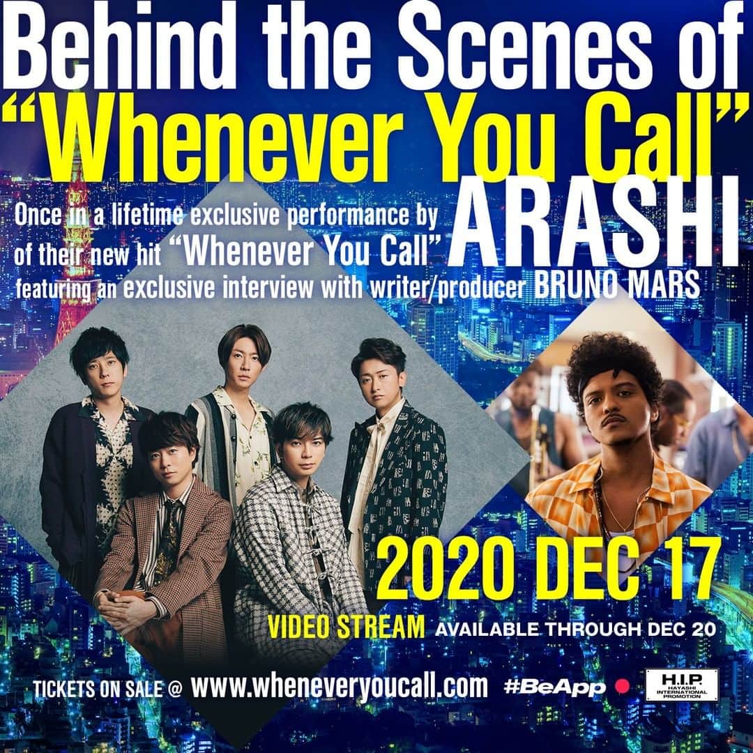 嵐（ARASHI）さんのインスタグラム写真 - (嵐（ARASHI）Instagram)「本日12月17日(木) 21時より 「Behind the Scenes of "Whenever You Call”」の配信がスタート🎬✨ みんなで盛り上がりましょう😆🎶  #嵐WYC配信 をつけて、配信の感想などをぜひ聞かせてください！  また、#ブルーノマーズ x #嵐  の配信イベント「Behind the Scenes of "Whenever You Call”」記念グッズも本日12月17日(木)21時〜配信開始と同タイミングで販売開始‼️🗼✨  詳細は「Whenever You Call」特設サイトをCHECKしてね！  チケットの購入はあす12月18日(金)23:59まで！！  The long-awaited talk session event “Behind the Scenes of Whenever You Call” starts tonight, December 17th, at 9pm! Is everyone excited!? Use #嵐WYC配信 to share your thoughts!  Exclusive goods for the Behind the Scenes of Whenever You Call talk session between #BrunoMars @BrunoMars and #ARASHI are on sale along with the event tonight, Friday 17th at 9pm!   You can buy tickets until Friday, December 18th!   Check the site for more info!  www.wheneveryoucall.com  #WheneverYouCall #嵐 #ARASH #ブルーノマーズ」12月17日 18時00分 - arashi_5_official