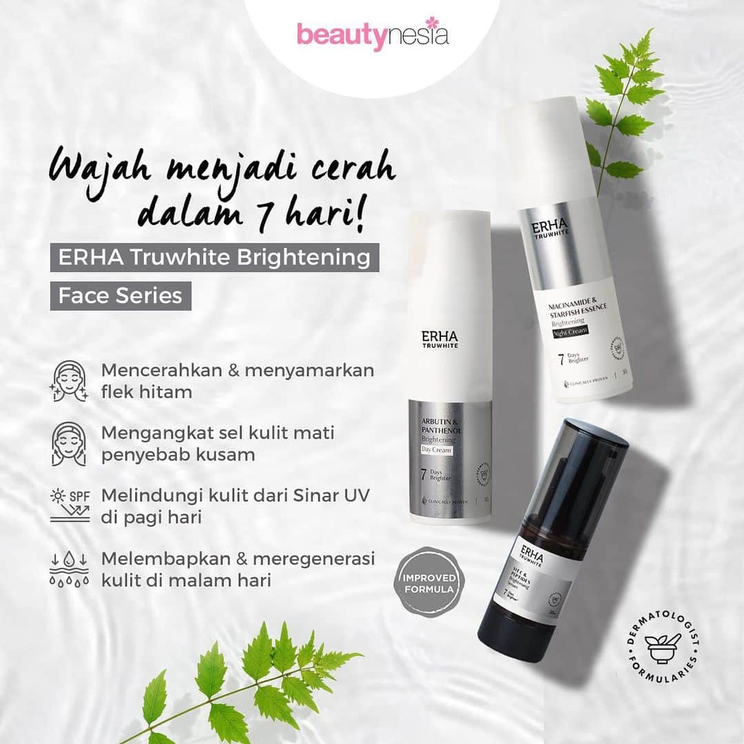 のインスタグラム：「Ada yang baru nih untuk kamu yang ingin punya kulit cerah! Erha menghadirkan Truwhite Brightening Face Series yang dapat  mencerahkan & memancarkan keindahan warna kulit aslimu! Ketiga produknya Serum, Day Cream, dan Night Cream ini bisa membuat kamu terlihat lebih cerah mulai 7 hari pemakaian dan mulai glowing dalam 2 minggu loh Beautynesian! Karena Erha Truwhite percaya True you Shines through, kulit yang bagus bukan yang putih tapi kulit yang CERAH versi terbaikmu! Penasaran? Yuk cobain sekarang Erha Truwhite Brightening Face Series! ⁣」