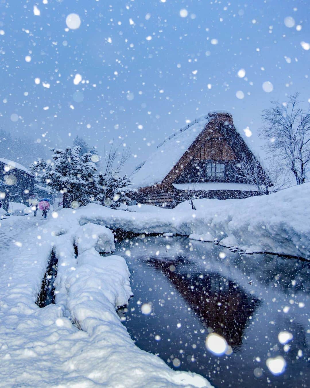 masayaのインスタグラム：「Flash photography Shirakawago 白川郷 World Heritage フラッシュ撮影で雪を光らせました。 昨日の吹雪のような写真は 露光時間を長くしたもので、実際はちょっと風があったものの、少量の雪が降っている程度でした。 2016未発表作より」