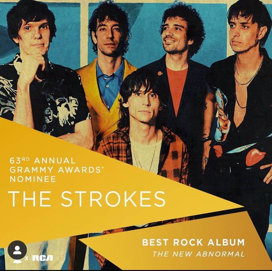 のインスタグラム：「The Strokes 第63回グラミー賞授賞式ノミネートされたアーティストを一部ご紹介  🏆授賞式は2月1日🏆      The Strokesは7年ぶりとなるフル・アルバム『The New Abnormal』がBest Rock Albumにノミネート👏  #ストロークス #thestrokes #グラミー賞 #grammys #洋楽  @thestrokes」