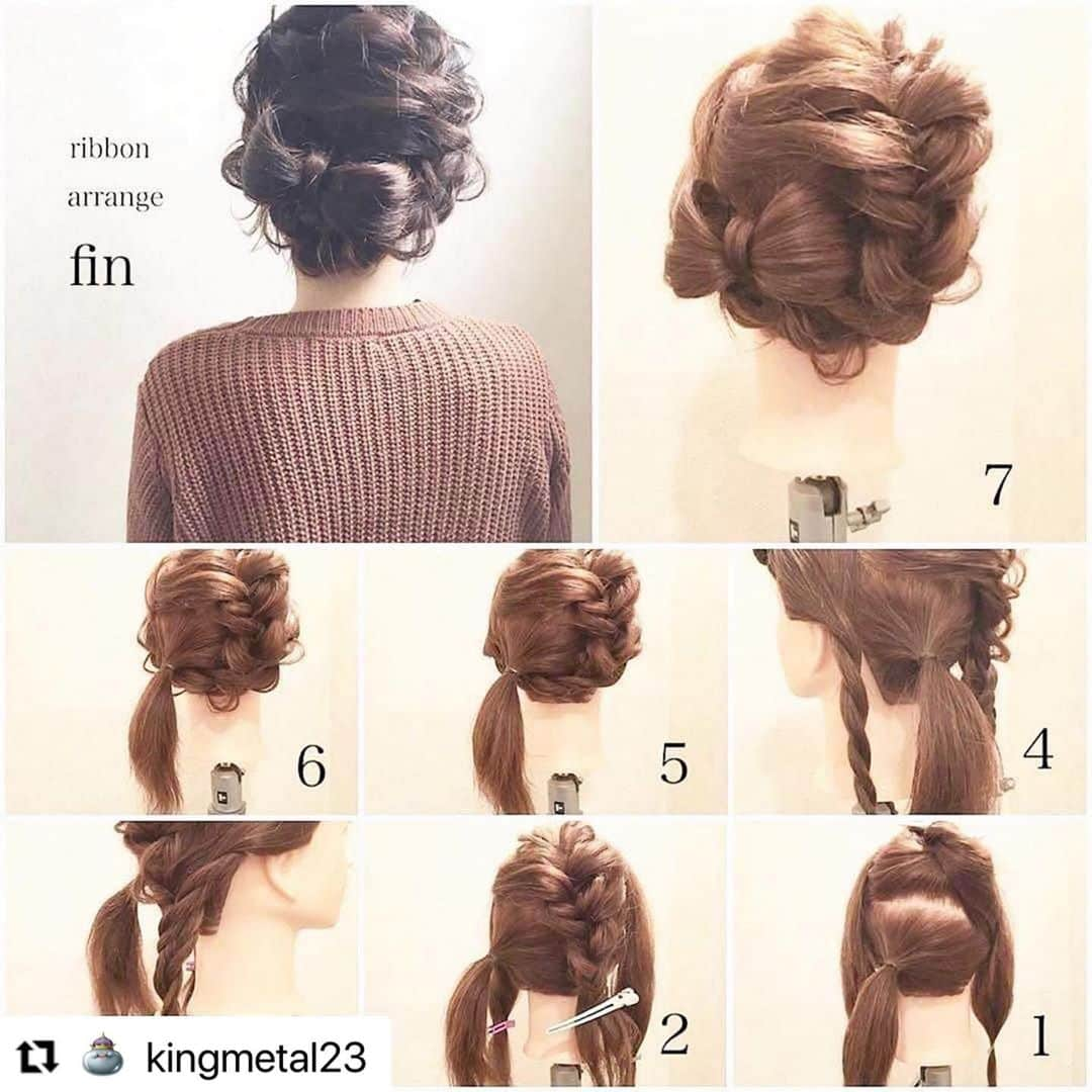 kingmetal23 ヘアアレンジさんのインスタグラム写真 - (kingmetal23 ヘアアレンジInstagram)「リボンアレンジ 再投稿になります。  ①やや斜めになるように図のようにブロッキングしたあとにネープ部分をやや左よりにポニーテールを作ります。このテールは最後にリボンになります。他の部分を作る時に邪魔になりそうでしたらダッカールなどで止めときます。 ②次に残りの上の部分をやや左よりから右に斜めにフィッシュボーンを耳下くらいまで編み込み緩く崩しておき、仮止めします。 ③右サイドをロープ編みをします。先ほどの仮止めも外し一緒にロープ編みをします。ウィッグでは仮止めしていますが人頭は先に緩く崩してゴムで止めています。やりやすい方で試してみて下さい。 ④左サイドもロープ編みをします。 ⑤左右サイドのロープ編みを右は左耳下、左は右耳下でピニング図のようにします。 ⑥全体を好みの質感に崩します。 ⑦ビッグリボンを作って完成です。  #ヘアアレンジ#美容師 #美容院#神戸#美容室#ロカリ#兵庫#三宮#元町#トアウエスト#栄町#姫路#垂水#三田#西宮#神戸美容室#アントテン#antten#簡単アレンジ#ヘアアレンジ解説 #ヘアアレンジ動画 #簡単ヘアアレンジ #アレンジ動画 #アレンジ解説 #ロカリヘア#updo#大人かわいい」12月17日 23時03分 - kingmetal23