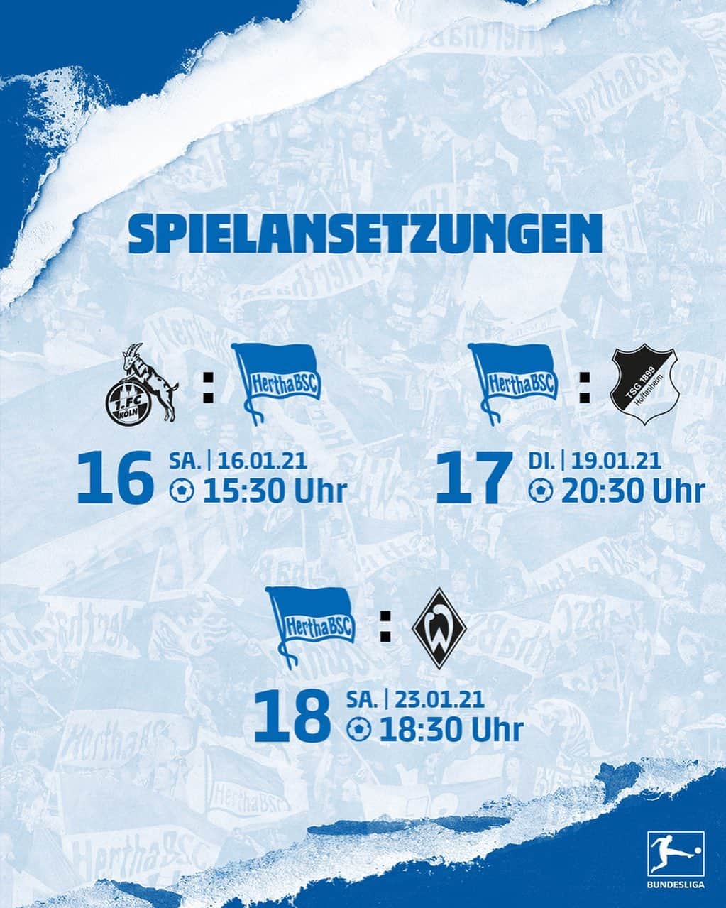 ヘルタ・ベルリンのインスタグラム：「Im Januar geht's direkt knackig weiter. ⚽️ Hier sind die zeitgenauen Ansetzungen für die kommenden Spieltage im Januar! ⏰ . . #HaHoHe #herthabsc」