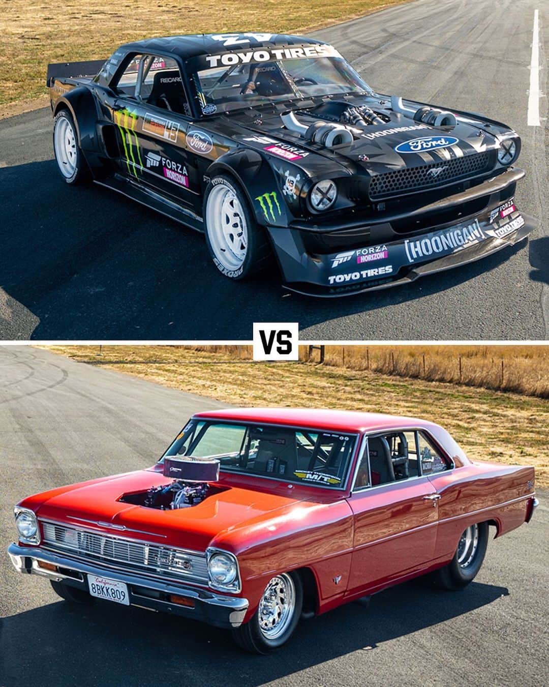 のインスタグラム：「Can my Ford Mustang RTR Hoonicorn keep up with a purpose-built drag car - on huge slicks?? Find out in the new episode of Hoonicorn Vs The World, where I line up against this 1,100 hp ‘66 Nova! Episode is now up on the @TheHoonigans YouTube channel (link in my bio). #HoonicornVsTheWorld #Hoonicorn」