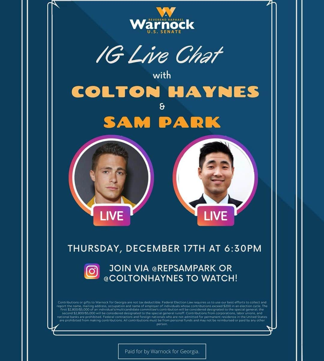 コルトン・ヘインズのインスタグラム：「Join me & Georgia House Rep. @repsampark tonight @ 6:30pm EST for the #RevUpTheVote Young Voter Series to learn more about the importance of young voters getting out to the polls in January & other issues! #warnockforgeorgia #votewarnock @raphaelwarnock」