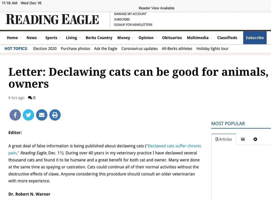 City the Kittyさんのインスタグラム写真 - (City the KittyInstagram)「This letter to the editor is enough to make you sick.😿😾👎🏻 This unethical vet, Robert Warner, clearly doesn't want to learn about the facts about declawing and he must hate cats.  😾😾 He used to own and work at Perkiomen Animal Hospital in PA.   This hospital has been an American Animal Hospital Association (AAHA) for 25 years. (According to an employee at this hospital, all their vets do declaws.)  😾😾😾😾🐾 AAHA is the organization that recently sicced their lawyers on us and forced us to take down a lot of their declawing info. We just need around 1500 of our followers to donate $1 to our legal defense fundraiser, City the Kitty vs AAHA.  #RightOverWrong #VoiceForTheVoiceless #1stamendment . Our advocacy against this barbaric amputation procedure is so important and we will NOT be bullied and intimidated by an organization that says they are strongly opposed to declawing yet they allow their accredited hospitals like this one, to perform it.  🐾🐈🐾🐈 You can donate to our fundraiser at citythekitty.org and put City vs AAHA in the subject line.🙏🏻🙏🏻❤️ Thank you for your support. Always take the high road and educate.  #aahaaccredited #AAHA #declaw #declawing is #animalcruelty #veterinarian #StopDeclawing #PA #pennsylvania #perkiomenanimalhospital #perkiomen」12月18日 3時48分 - citythekitty