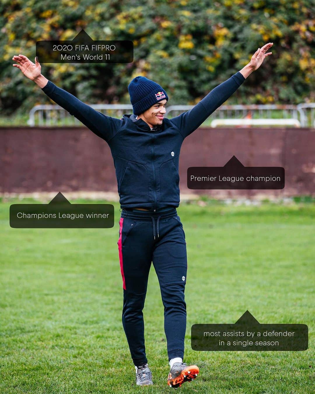 レッドブルのインスタグラム：「🚨 STOP WHATEVER YOU’RE DOING 🚨  you may already know these things about him...  🏆 Champions League winner 🍾 Premier League champion ⚽ most assists by a defender in a single season  and now he’s only gone and been added to the 2020 FIFA FIFPRO Men’s World 11 roster 🙌 put your hands together for the one and only @trentarnold66👏」