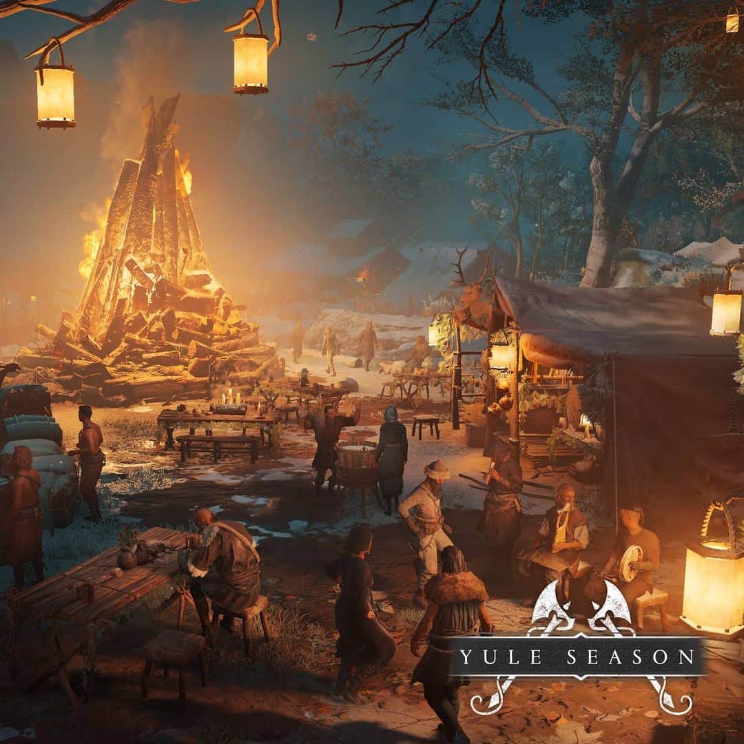 アサシン クリードのインスタグラム：「Get into the Yule Festival now through January 7, free to all players!   Dance, drink, and enjoy new gear and activities in snowy Ravensthorpe. We hope yule love the festivities.」