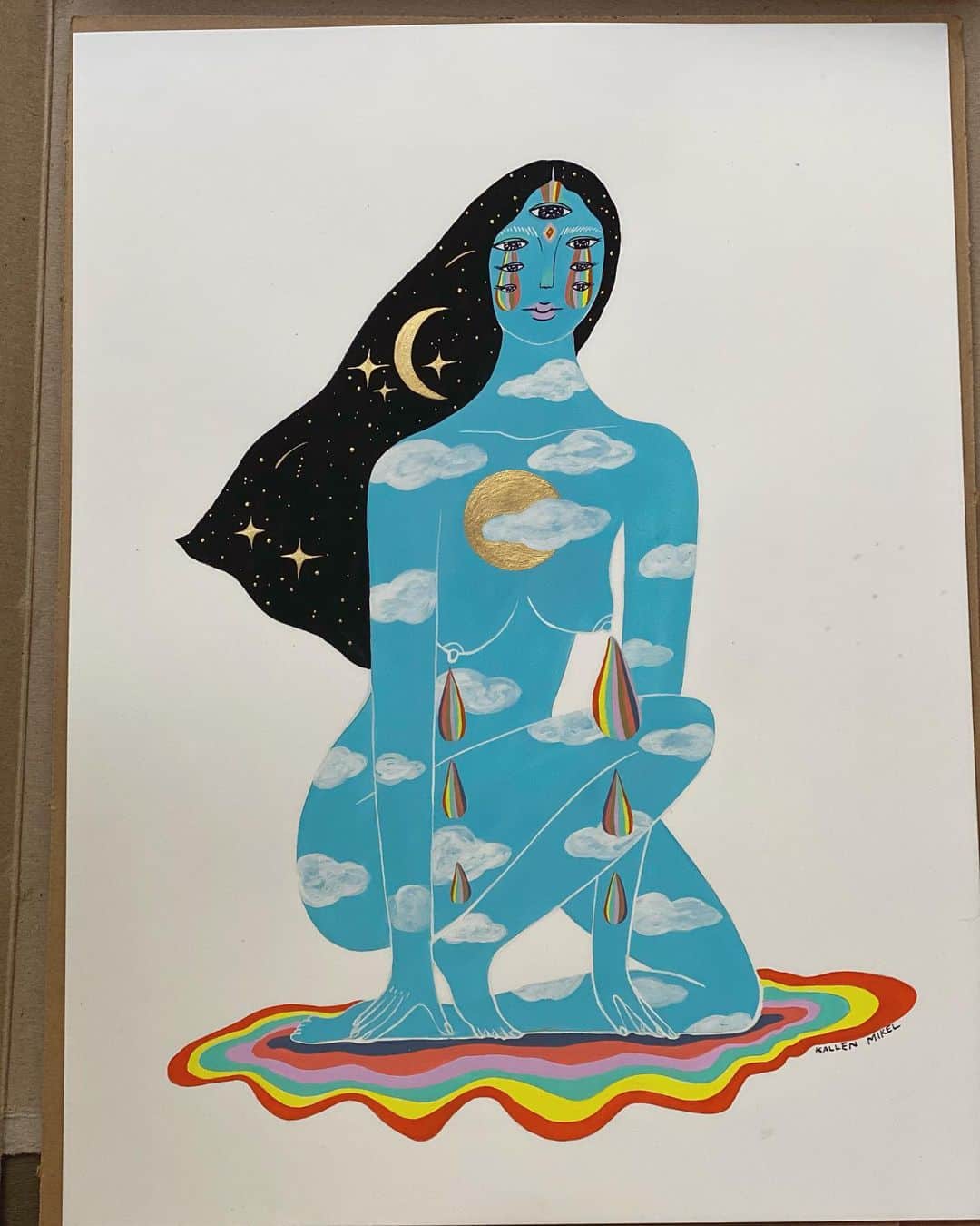 のインスタグラム：「For Christmas, Santa got herself a painting by an artist she loves named @_kallenmikel This piece is called “Sky Mother” and it is blessing me today. #crescentmoon #thirdeye #rainbowsandmiracles #mama」
