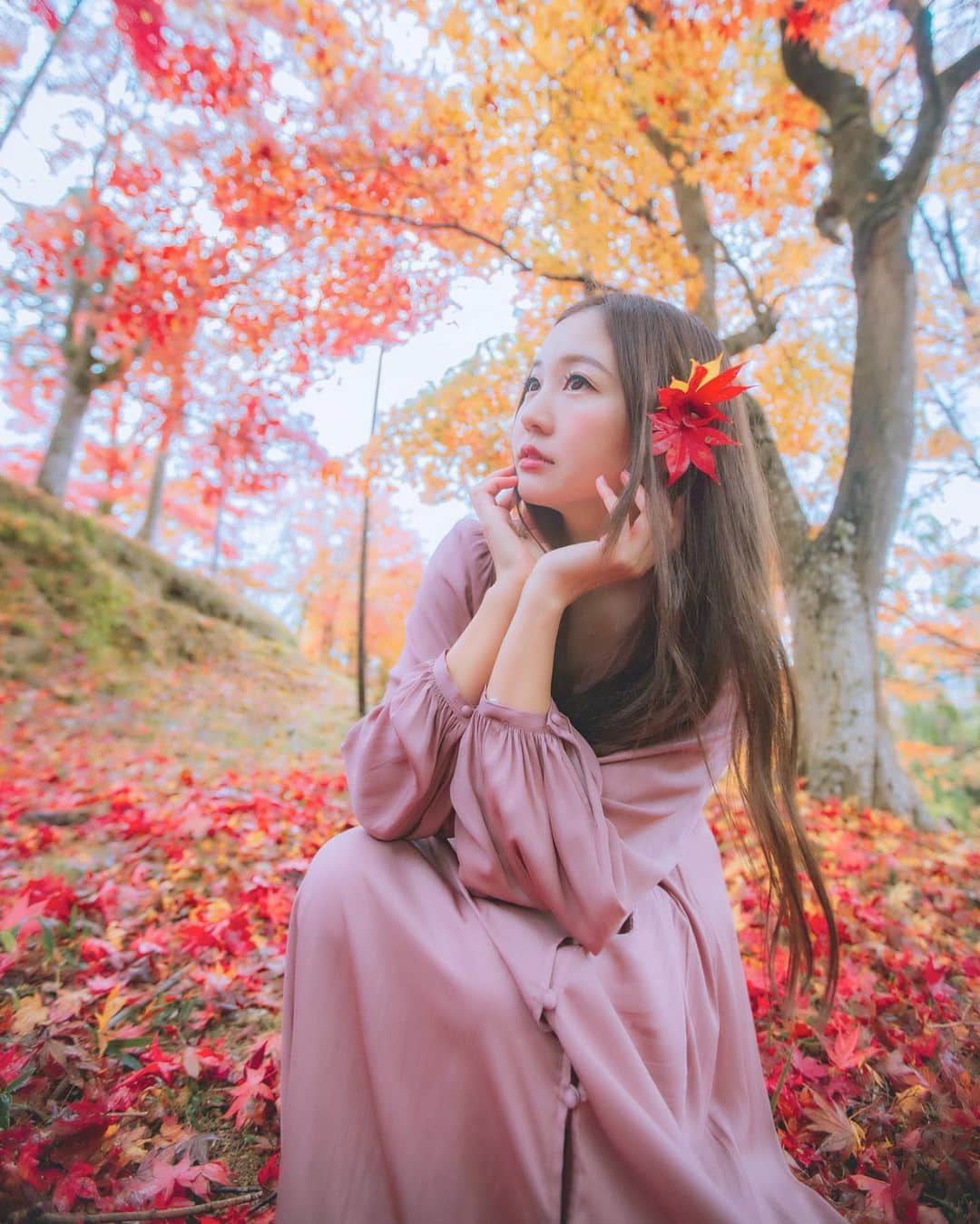 のインスタグラム：「🍂🍁  2枚あるのでスワイプ☞﻿📷 2枚目の方が自分らしいかな？🍑  もう少しだけ紅葉にお付き合い下さい🥺 もみじの絨毯が美しかった❤️  寒すぎて眠れないから電気毛布をポチッたよ🙌早く届かないかなー  🌸  🌸 Photo @mina0822_photo  🌸  ❤ 🌸   ・  #daily_photo_jpn  #team_jp_ #IG_PHOS#japan_daytime_view#ポートレート #被写体 #genic_mag#instagram#IGersJP #retrip_nippon #hubsplanet  #カメラ女子 #カメラ好きな人と繋がりたい #ファッション #ファインダー越しの私の世界 #サロンモデル#tokyocameraclub #awesome_earthpix  #タビジョ#art_of_japan_ #hellofrom #ビジョビ #whim_member #earth_portraits #紅葉#japan_of_insta#retrip_nippon #写真撮ってる人と繋がりたい#gpw_members_only」
