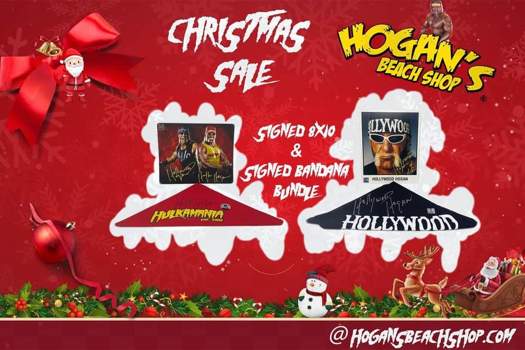 ハルク・ホーガンのインスタグラム：「The Sales don’t stop @hogansbeachshop 💪Now till Christmas We are Doing a Signed 8x10 & Signed Bandana Bundle 🎁 Choose from Hulkamania or Hollywood hogan. It’s the perfect gift For all are Hulkamaniacs 🎄(Link is in our bio)#hulkhogan #christmas #sale #hogansbeachshop #clearwaterbeachflorida https://hogansbeachshop.com/products/signed-8x10-signed-bandana-sale?_pos=1&_sid=7e65dbe4a&_ss=r」