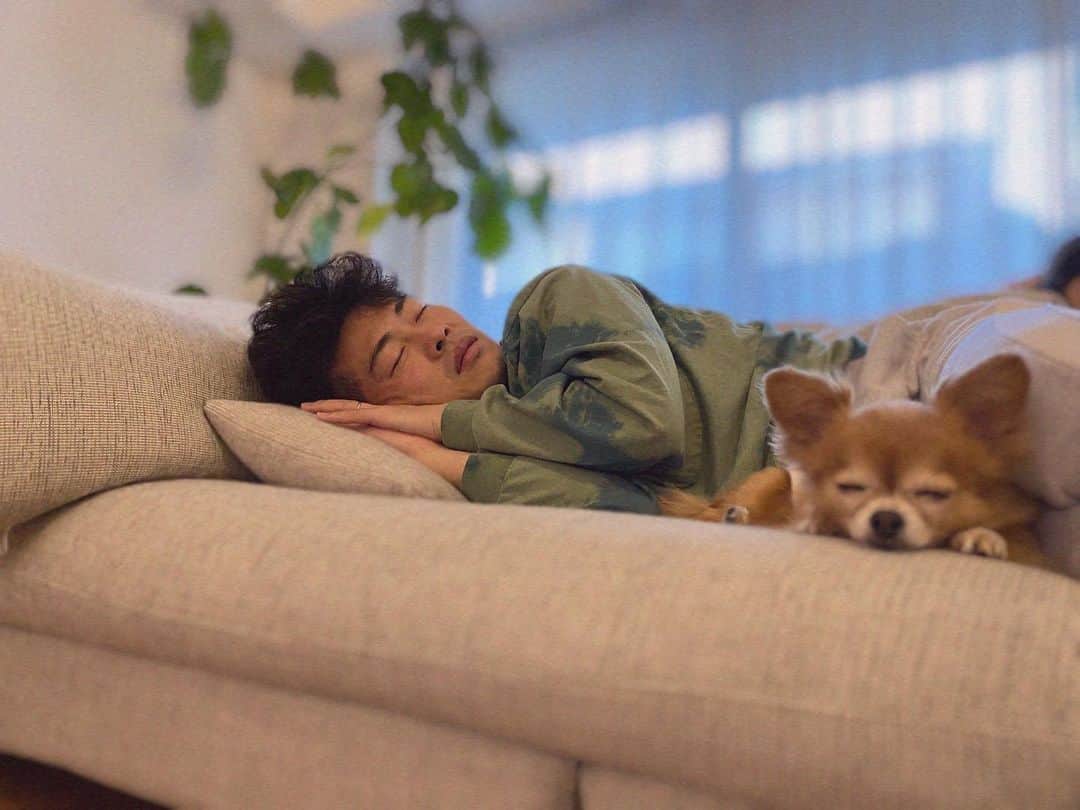 近藤千尋のインスタグラム：「チーム女子に朝5時から起こされる チーム男子。。笑🐶👱‍♂️ まだ眠いからソファで🥱💤❤️ ひーぼぉくんの寝方昔からこれで可愛い…笑🤣 さ、金曜日頑張りましょう🤤💓」