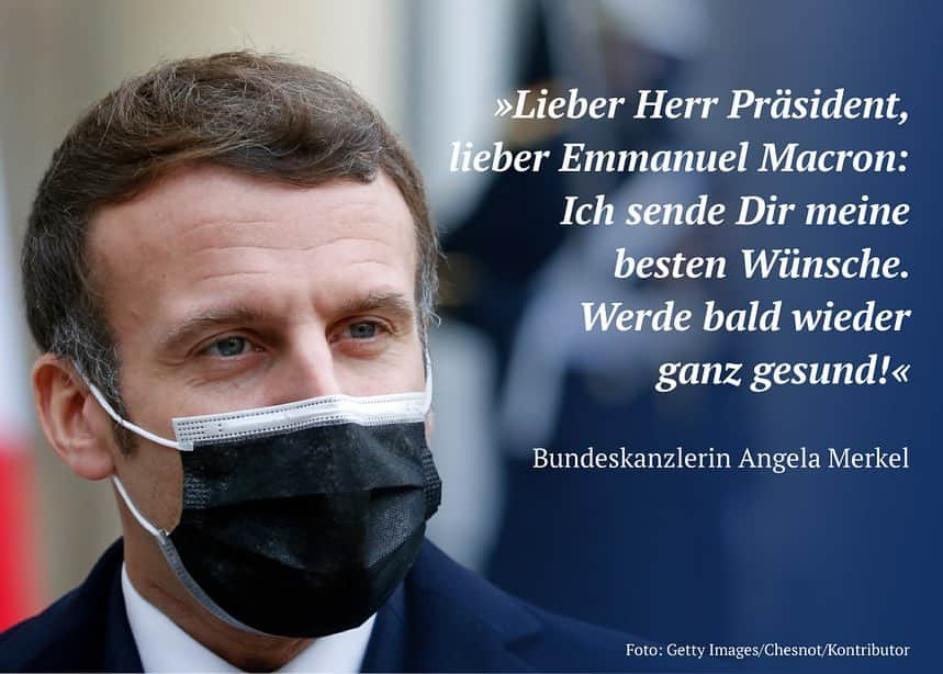 アンゲラ・メルケルのインスタグラム：「Bundeskanzlerin Merkel wünscht Präsident @emmanuelmacron anlässlich seiner Corona-Erkrankung eine baldige Genesung. . . . #Merkel #Kanzlerin #Macron #Frankreich #Corona」