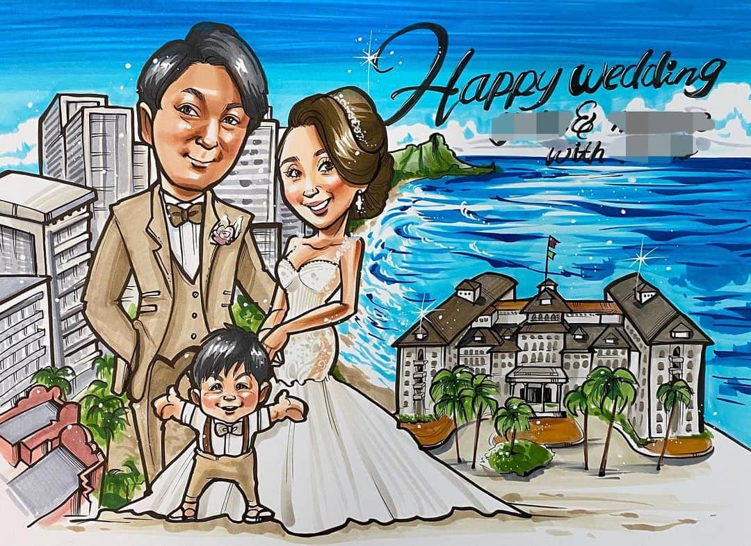 似顔絵★𝗚𝗢𝗥𝗜𝗞𝗜𝗡𝗚のインスタグラム：「. . . 同じ方からの二枚目❤️  . . 結婚式用にA3用紙に書きました❣️ . . 背景にはHAWAIIの海と、ダイヤモンドヘッド、挙式予定の会場も合わせて描きました❤️❤️❤️  こちらのお客様は昔からのリピーター様💕ほんとに美しくてこのシルエットのドレスもめちゃくちゃ似合うんだろーーなーーーー😭❤️ . . . 素敵なご依頼有難うございました🙇‍♀️✨⭐️💕  . .  ❌❌現在は、予約受付終了してます❌❌ 。 . . .  2020年度ご予約のお客✨ 現在145番までの方へ案内中です🌟✨💕 DMの確認いただきgmailへ返信宜しくお願い致します🙇‍♀️🌟✨✨ . . . .  次回の予約応募は、2020年のご予約分を書き終える予定の 来年春から夏頃の、、、予定です。 ※あくまでも予定なので前後します🙇‍♀️ . . . .  オーダー再開の際には 人数制限あるため必ず予約ができるわけではございません。 そのことも踏まえた上で 次回ご検討いただけると嬉しいです(^^) . . また、結婚式の使用を考えてくださる方も多いです✨  前々からお伝えしていますが、 基本的に予約順に対応しているため、 近々の納期を希望される方は、 対応できないこともあるので、 あらかじめご了承ください💦 . . . . . ※今回予約が取れた方へ※ . .  写真がまだ用意できてない、入金が遅れそうなど、状況により、順番が前後することもございます‼️ あらかじめご了承ください。 。 . . . また、芸能人、キャラクターのオーダー、パロディ風オーダーはお断りしています。  芸能人については、ご本人様に直接プレゼントなどはOKです。 . . . . . . 💰料金表は過去投稿記事みてね❤💰 . . . . . ➡️ハッシュタグ⇨ goriking117料金表2019⬅️ . . ✨✨✨✨✨✨✨✨✨✨✨✨✨✨✨✨ @by.goriking のアカウントでは、 過去書かせて頂いたお客様方からの、 似顔絵のその後のお写真をいただき、 投稿しております^ - ^❤️❤️ 玄関に飾ってある似顔絵、 渡した瞬間のお写真、 ご本人とのお写真などなど💕 いろんな場面でのお写真お待ちしております^ - ^✨⭐️ . . . .  #似顔絵#pencildrawing#drawing#pencil#illust#painting#art#artwork#絵描きさんと繋がりたい#似顔絵師#gorikingの似顔絵屋さん#仲良し家族#お洒落#海#ハワイ#結婚式# wedding#welcomeboard#ウェルカムボード#HAWAII#🤙#ダイヤモンドヘッ#diamondhead #仲良し夫婦#夫婦#comicart#anime#animeart#comicartist#animejapan」
