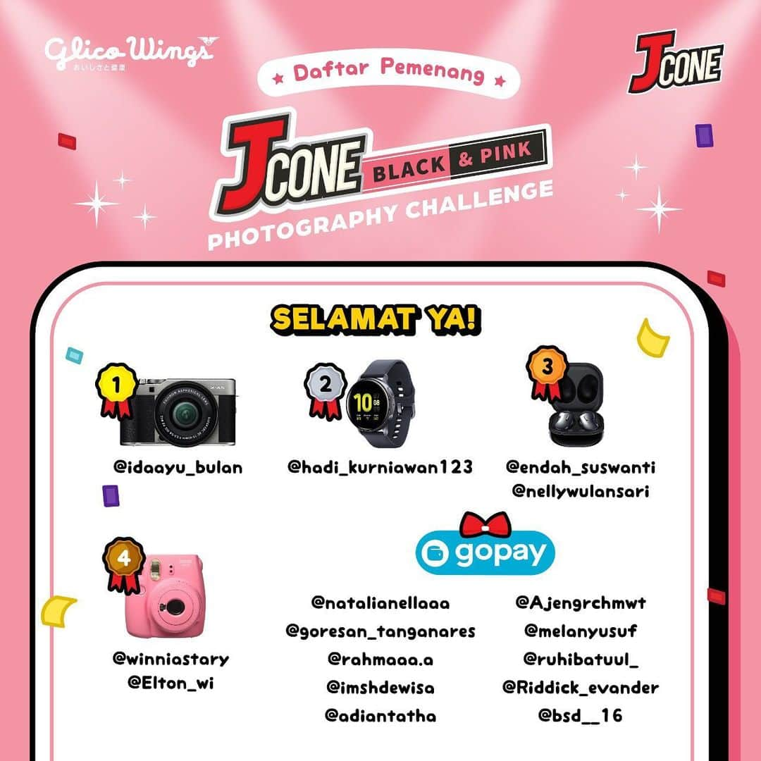 Glico Wingsさんのインスタグラム写真 - (Glico WingsInstagram)「Winner announcement Jcone Black & Pink Photography Challenge!  Selamat untuk para pemenang Jcone Black & Pink Photography Challenge, kalian bisa langsung menghubungi admin via DM Instagram untuk redemption hadiahnya ya!」12月18日 12時49分 - glico.wings