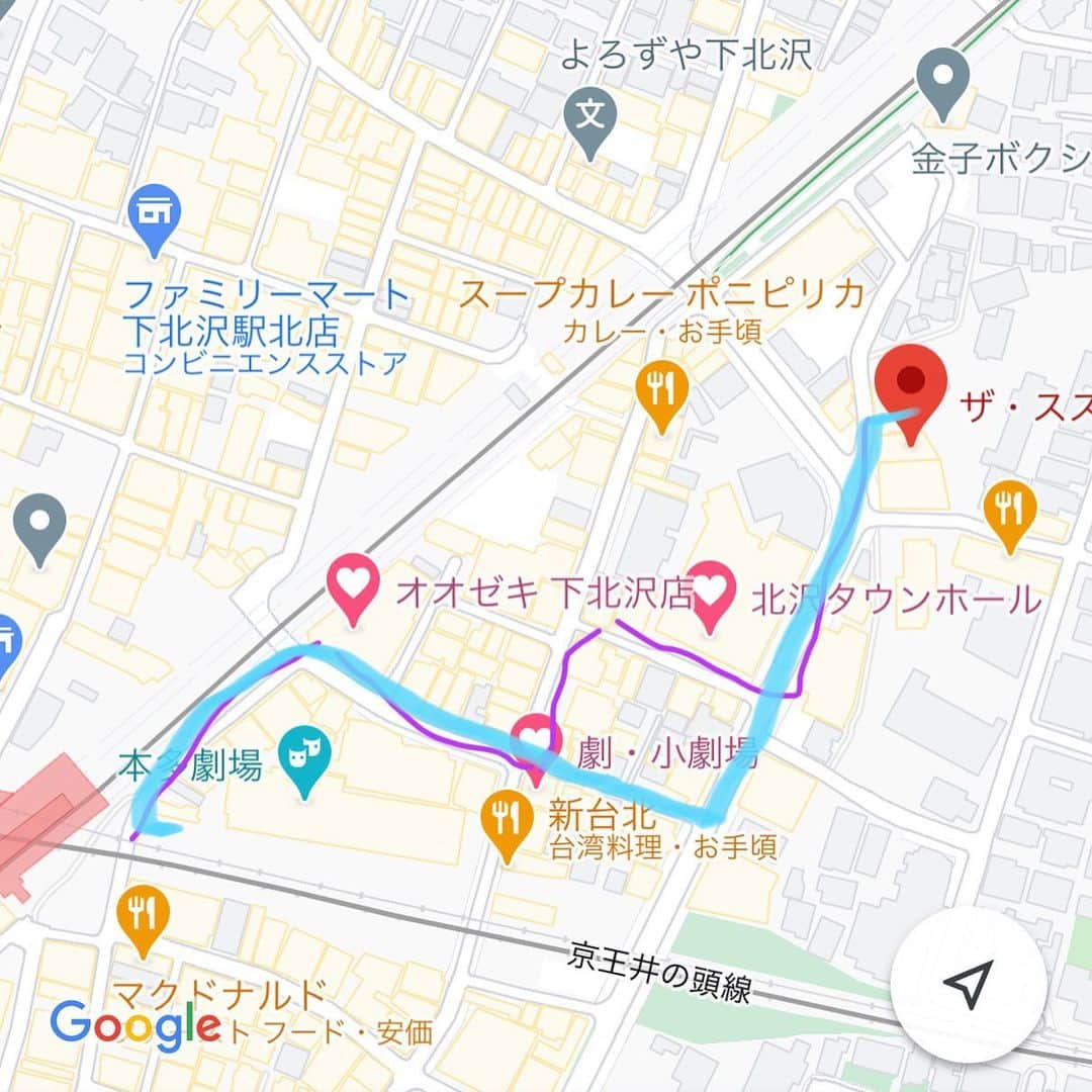 伊礼彼方さんのインスタグラム写真 - (伊礼彼方Instagram)「下北沢駅からスズナリまで歩いてみた。 初めてスズナリにいらっしゃるあなたに伊礼おすすめルートを教えちゃう。！見逃さないようによーく見といてね。  地図の青ルートがそうだよ！！」12月18日 15時19分 - irei_kanata