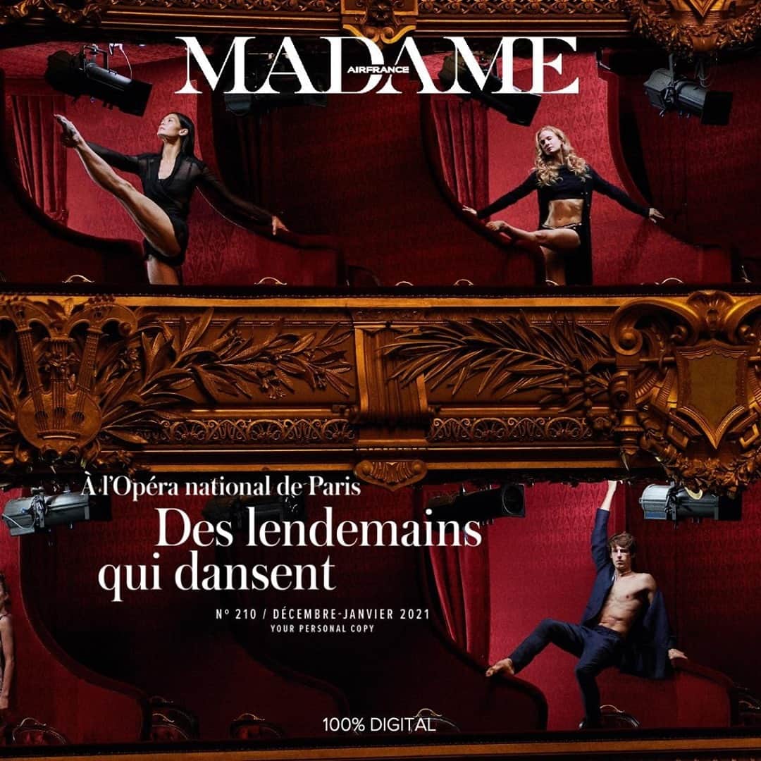 エールフランスのインスタグラム：「#AirFranceMadame est disponible en version 100% digitale.  Entre rencontres et découvertes artistiques, valsez avec les dernières tendances dans notre numéro de décembre 2020/janvier 2021: "Des lendemains qui dansent". Téléchargez-le gratuitement sur Air France Play.   #AirFranceMadame is available in 100% digital version. With artistic encounters and discoveries, waltz into the holiday season with the latest trends in our December 2020/ January 2021 issue: "Des lendemains qui dansent" . Download it for free on Air France Play.   Crédits : @soniasieff pour Air France Madame   #mode #culture #art #voyage #inspiration #luxe #portrait #reportage #photographie #danse #arop_operadeparis #balletoperadeparis」