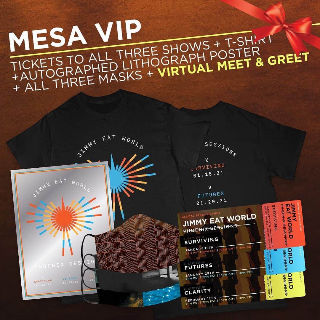 Jimmy Eat Worldのインスタグラム：「We had been looking forward to sharing the news of this live stream series for some time but to have such a positive reception has been incredible! Thank you!!!   And if you need a holiday gift for your concert buddy, you can always gift any of the bundle options! 🎁 Visit jimmyeatworldlive.com (also in bio)   Additional gifting details in the FAQ section.   #phoenixsessions」