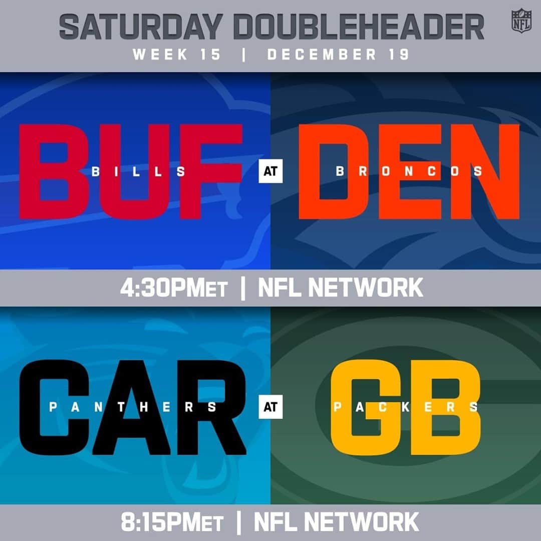 NFLさんのインスタグラム写真 - (NFLInstagram)「What's better than a Saturday game?⁣ Two Saturday games only on @nflnetwork!⁣ ⁣ 📺: #BUFvsDEN -- Saturday 4:30pm ET ⁣ 📺: #CARvsGB -- Saturday 8:15pm ET ⁣ 📱: NFL app // Yahoo Sports app」12月18日 21時30分 - nfl