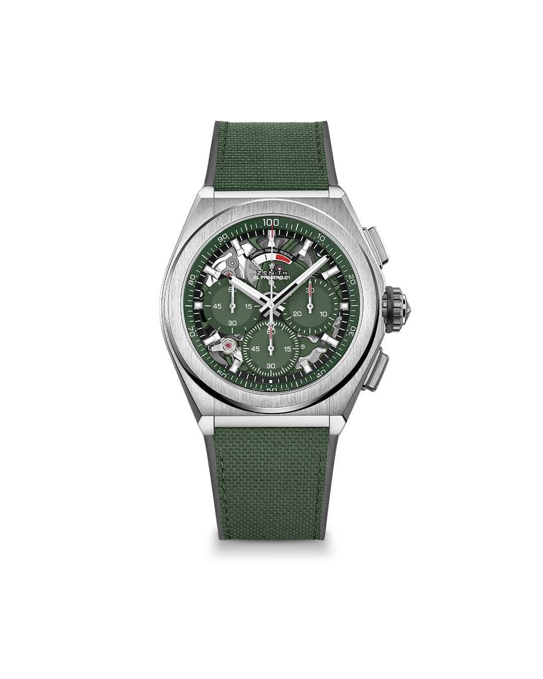 ゼニスのインスタグラム：「#Defy21: Crafted in a light and robust titanium case, the DEFY 21 Dubai Mall edition features a green dial with white, red and black accents. The 1/100th of second automatic chronograph movement, visible through the partially open dial, is also finished in a metallic green tone – a first for Zenith.」
